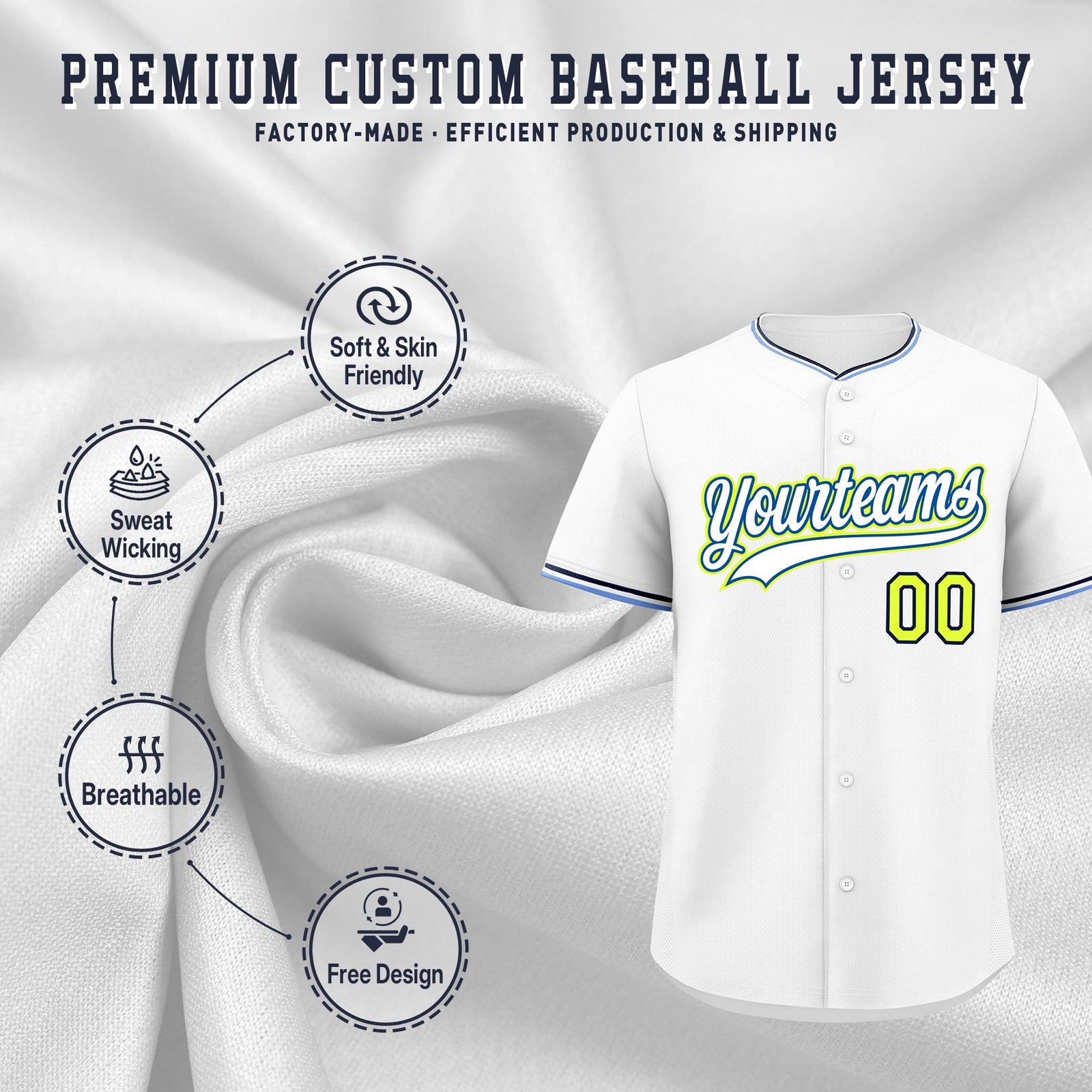 Custom White Navy Fluorescent Green Classic Style Stitched Sports Uniform For Men Women Youth Personalized Lightweight Baseball Jersey| KXKSHOP