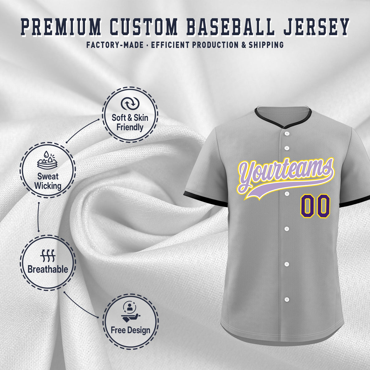 Custom Gray Light Purple White Classic Style Stitched Sports Uniform For Men Women Youth Personalized Quick Dry Baseball Jersey| KXKSHOP