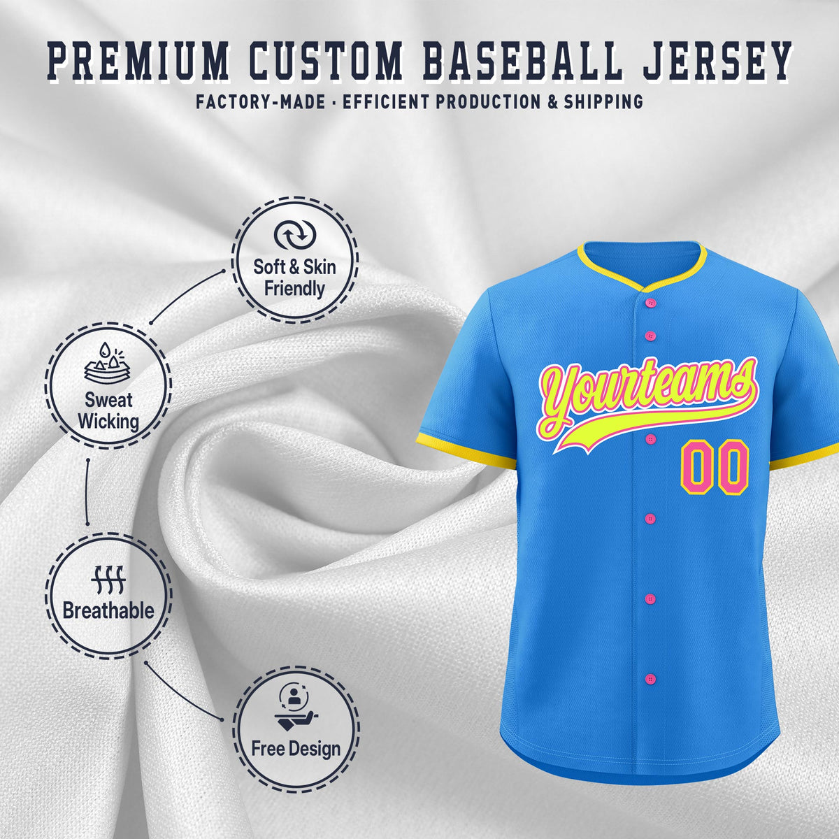 Custom Light Blue Fluorescent Green Pink Classic Style Stitched Sports Uniform For Men Women Youth Personalized Lightweight Baseball Jersey| KXKSHOP