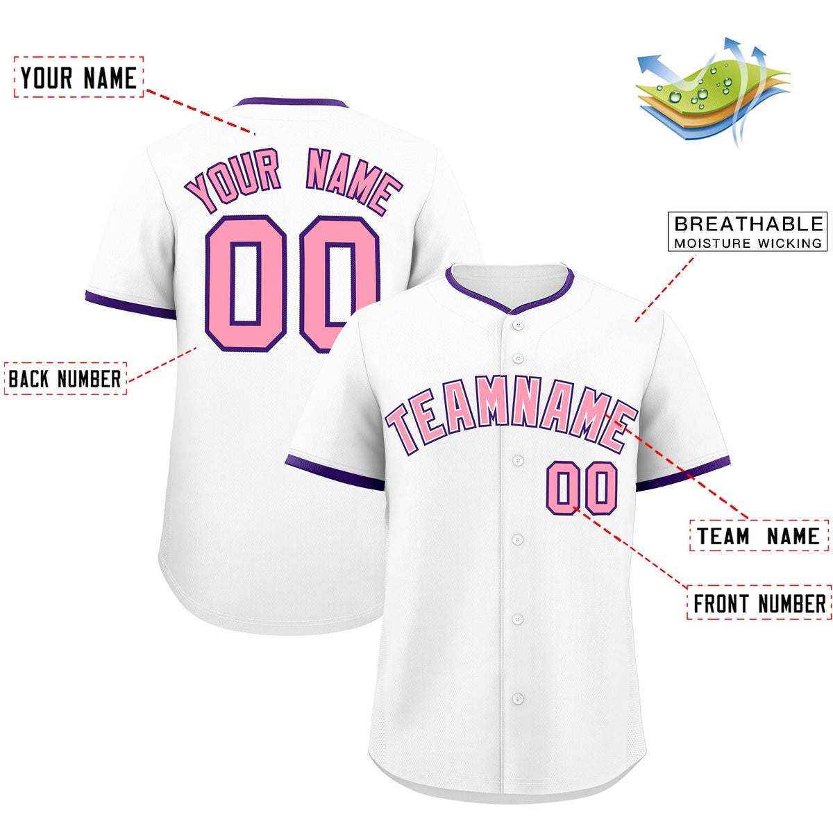 Custom White Light Pink Purple Classic Style Stitched Sports Uniform For Men Women Youth Personalized Quick Dry Baseball Jersey| KXKSHOP