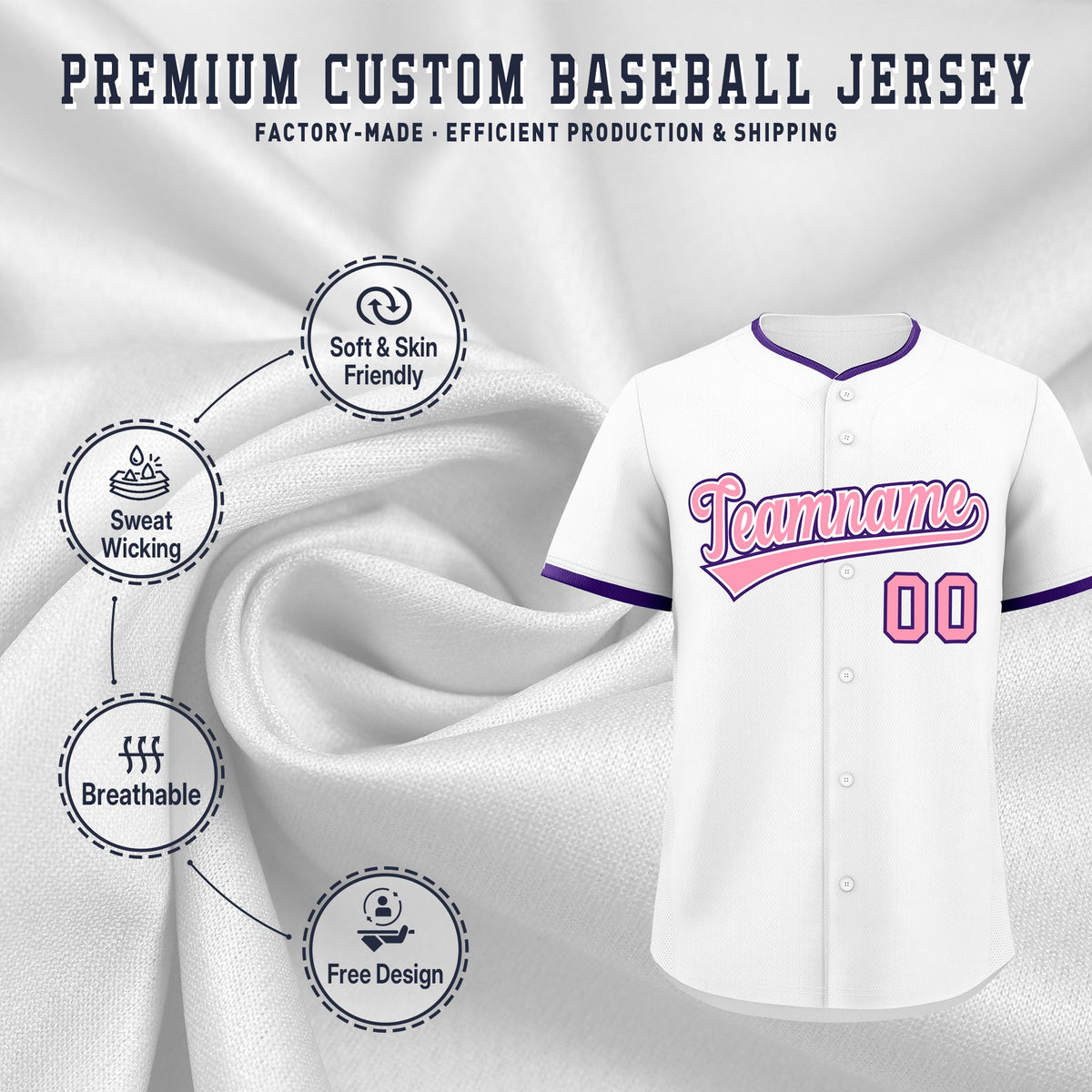 Custom White Light Pink Purple Classic Style Stitched Sports Uniform For Men Women Youth Personalized Quick Dry Baseball Jersey| KXKSHOP