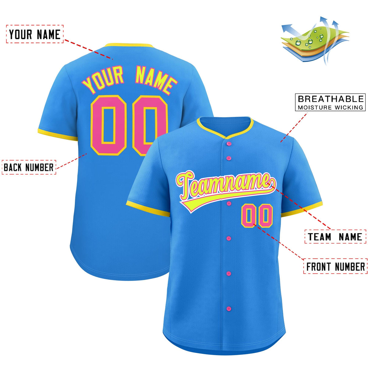 Custom Light Blue Fluorescent Green Pink Classic Style Stitched Sports Uniform For Men Women Youth Personalized Lightweight Baseball Jersey| KXKSHOP