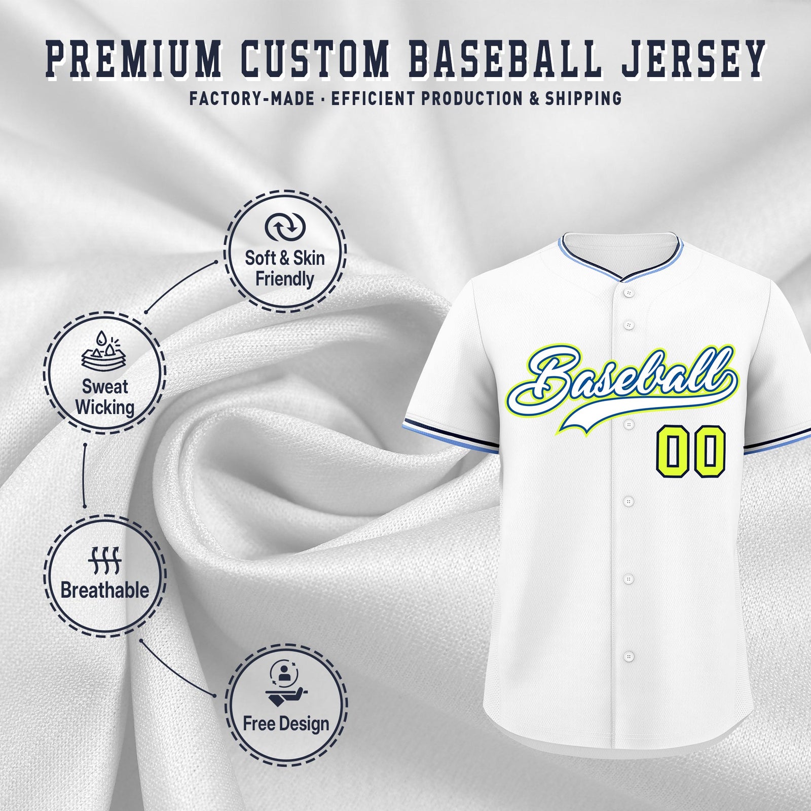 Custom White Navy Fluorescent Green Classic Style Stitched Sports Uniform For Men Women Youth Personalized Lightweight Baseball Jersey| KXKSHOP