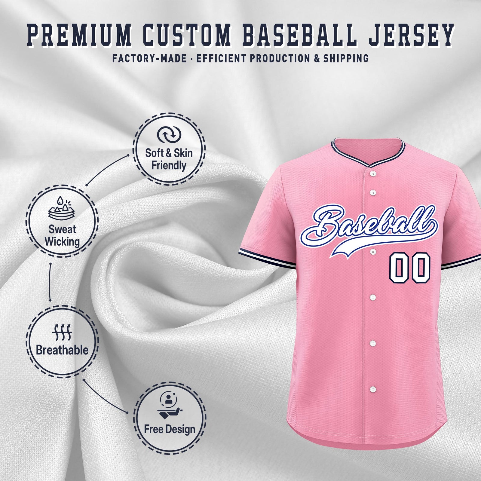 Custom Light Pink White Navy Classic Style Stitched Sports Uniform For Men Women Youth Personalized Quick Dry Baseball Jersey| KXKSHOP