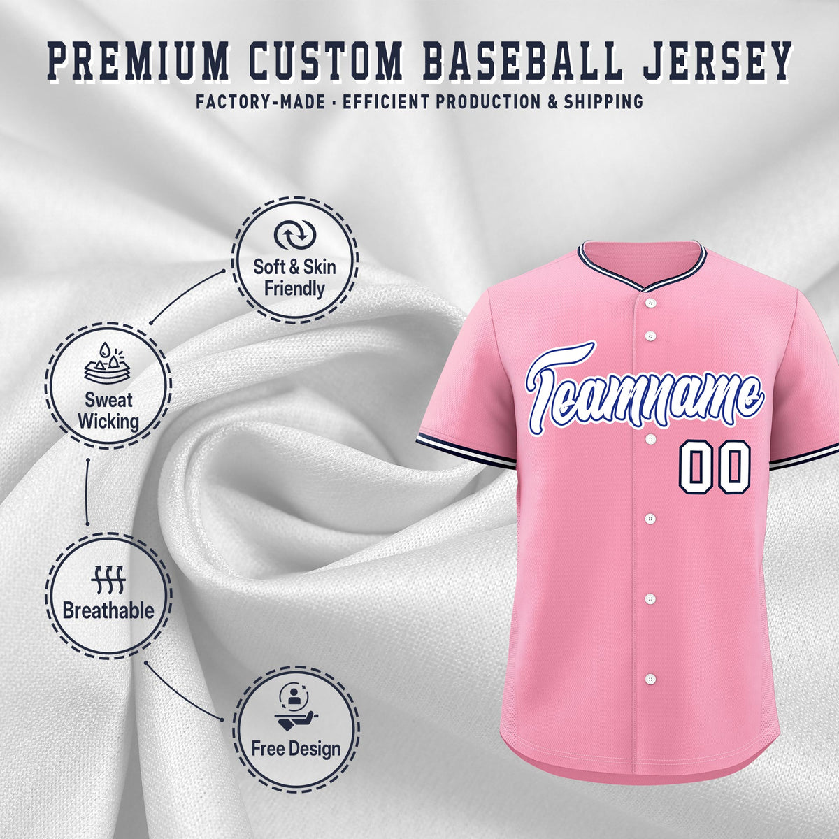 Custom Light Pink White Navy Classic Style Stitched Sports Uniform For Men Women Youth Personalized Quick Dry Baseball Jersey| KXKSHOP