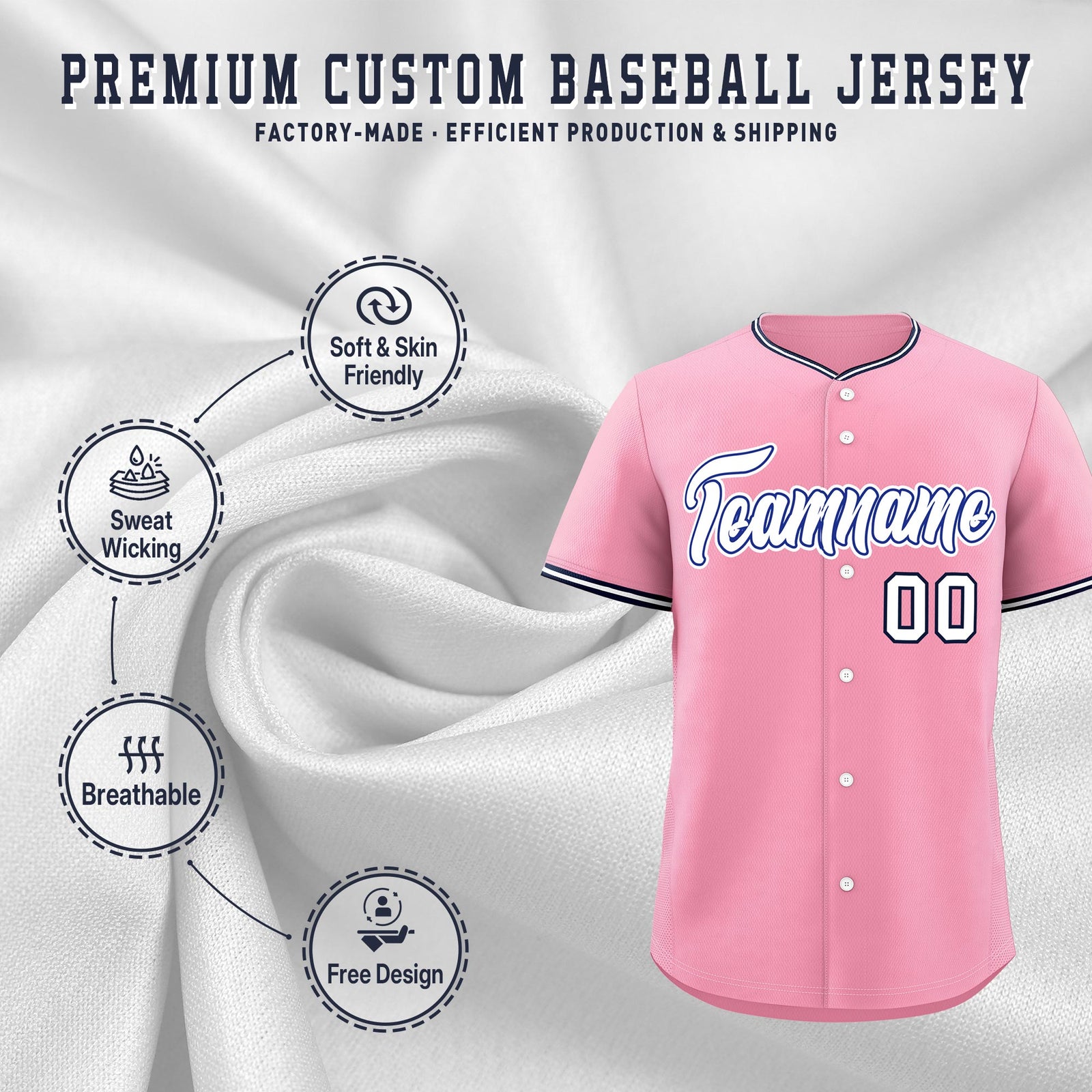 Custom Light Pink White Navy Classic Style Stitched Sports Uniform For Men Women Youth Personalized Quick Dry Baseball Jersey| KXKSHOP