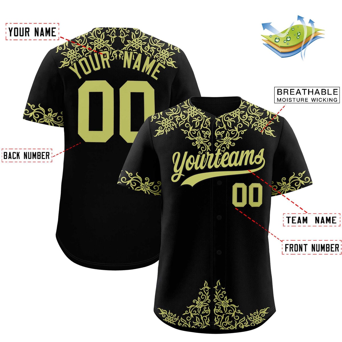 Custom Black Champagne Baroque Style Personalized Baseball Jersey