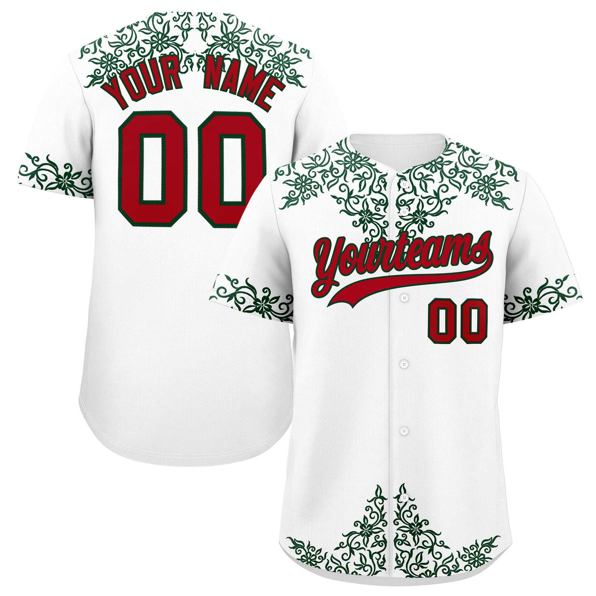 Custom White Green Baroque Style Personalized Baseball Jersey