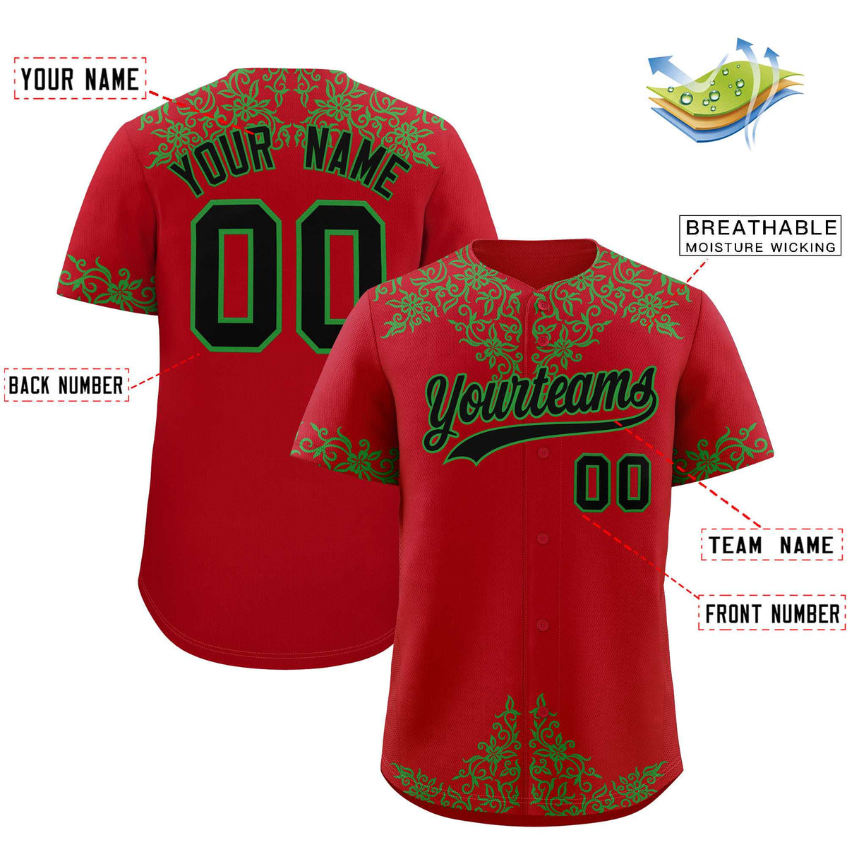 Custom Red Kelly Green Baroque Style Personalized Baseball Jersey