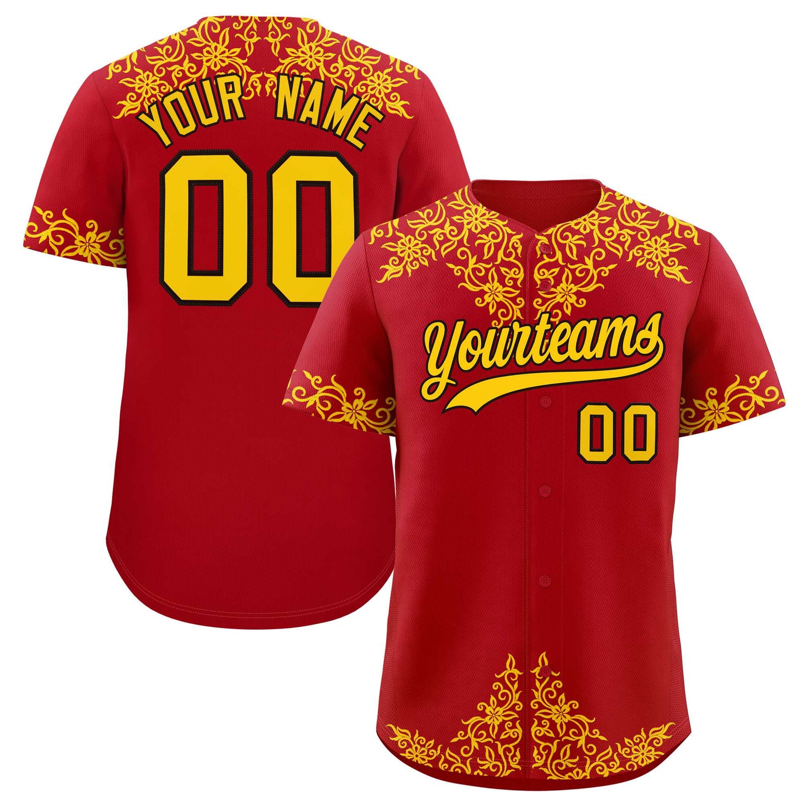 Custom Red Gold Baroque Style Personalized Baseball Jersey