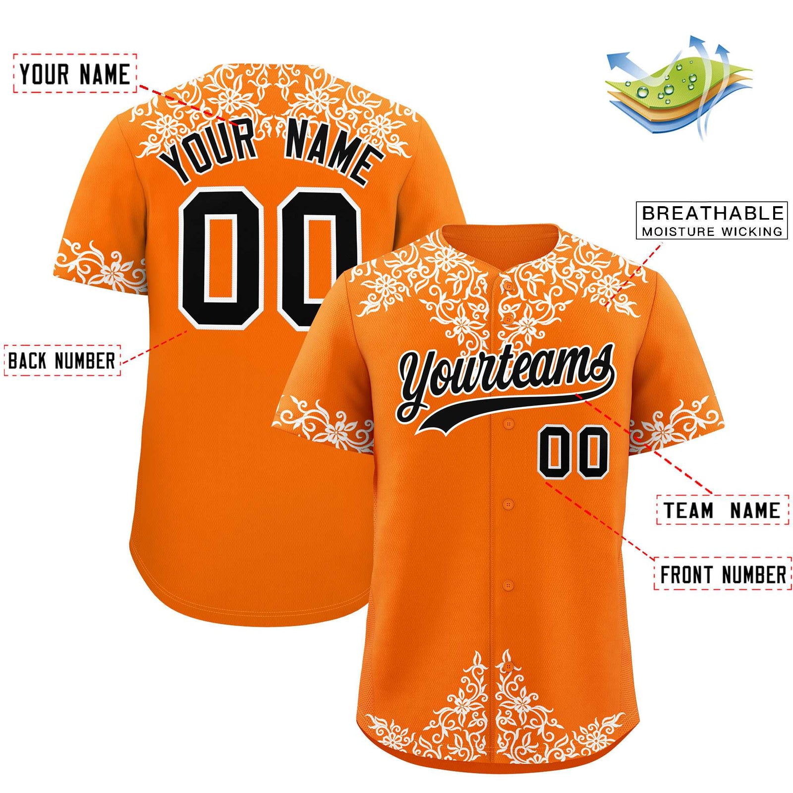 Custom Orange White Baroque Style Personalized Baseball Jersey