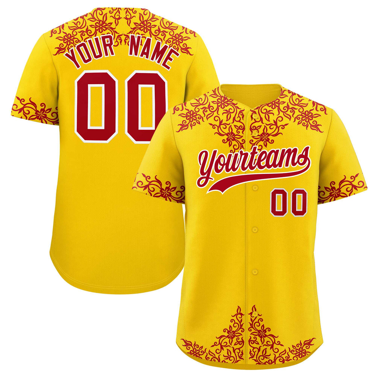 Custom Gold Red Baroque Style Personalized Baseball Jersey