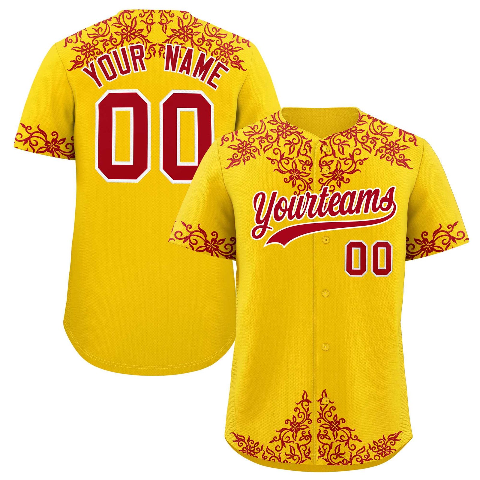 Custom Gold Red Baroque Style Personalized Baseball Jersey