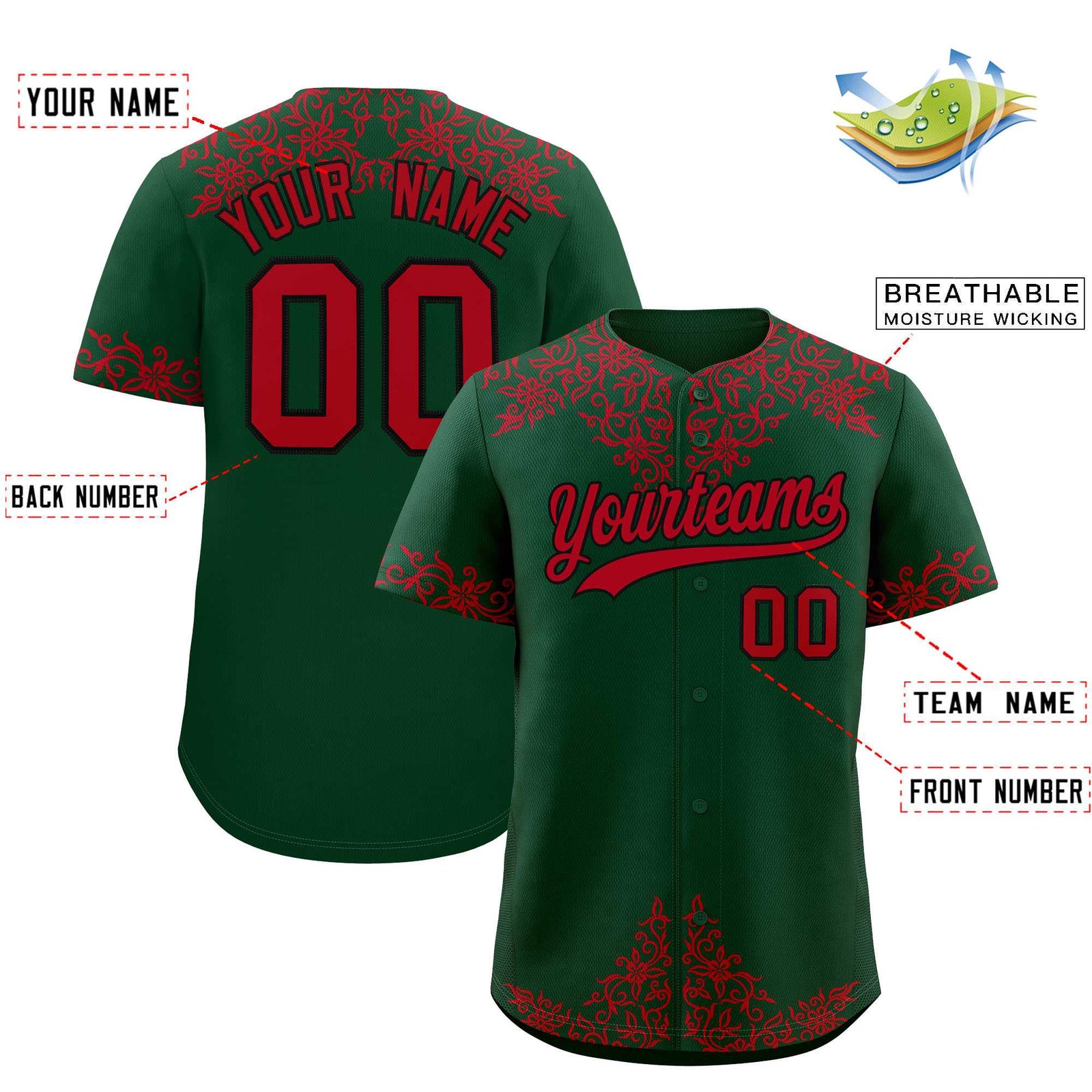 Custom Green Red Baroque Style Personalized Baseball Jersey