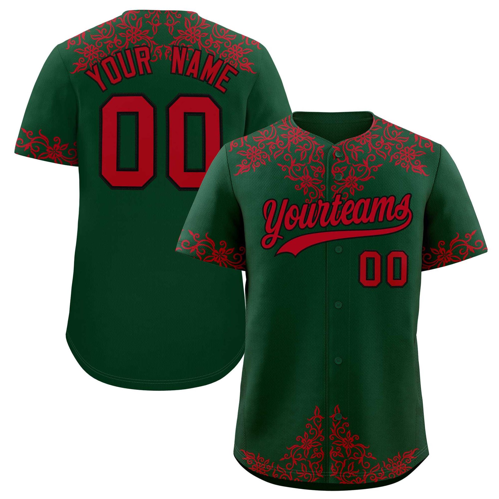 Custom Green Red Baroque Style Personalized Baseball Jersey