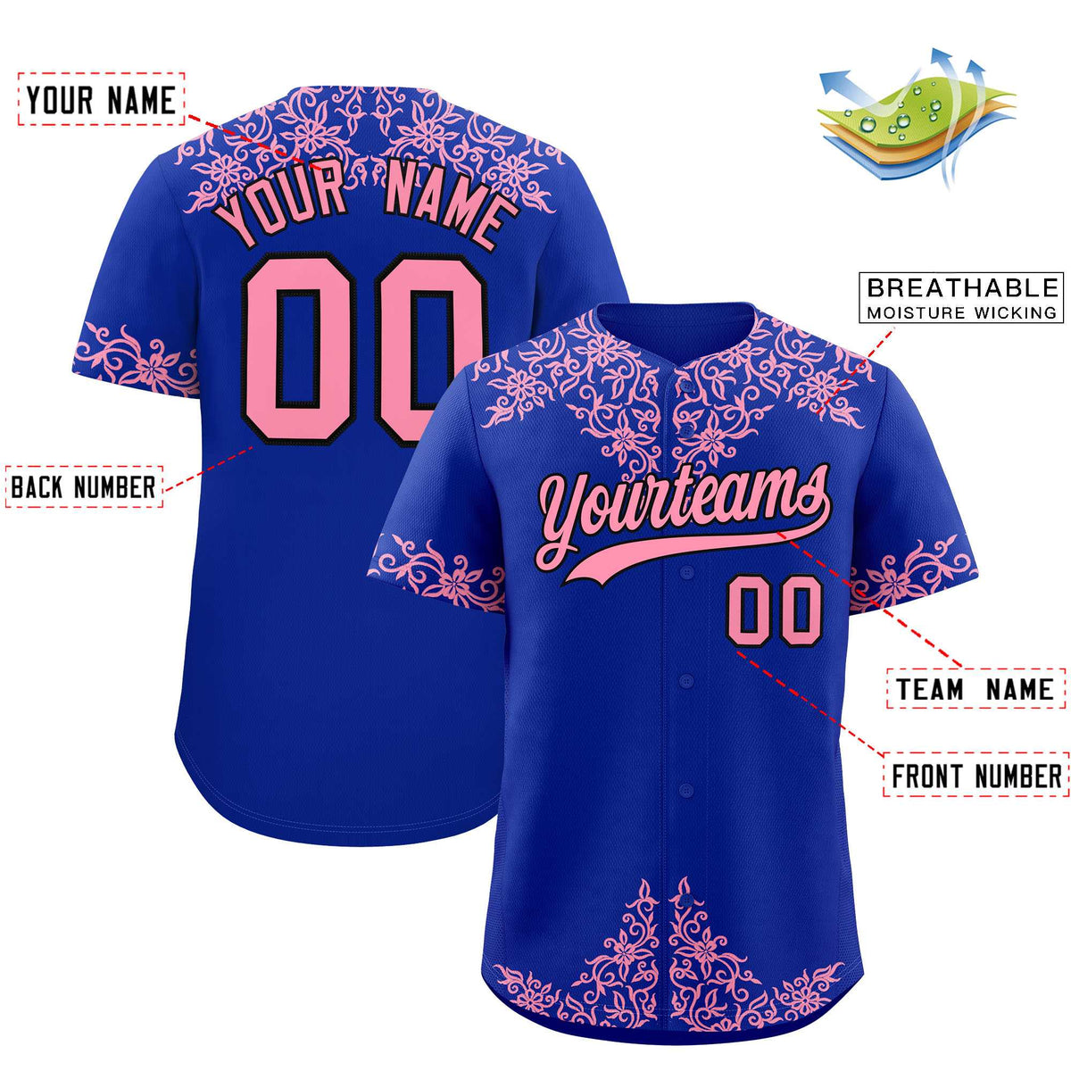 Custom Royal Light Pink Baroque Style Personalized Baseball Jersey