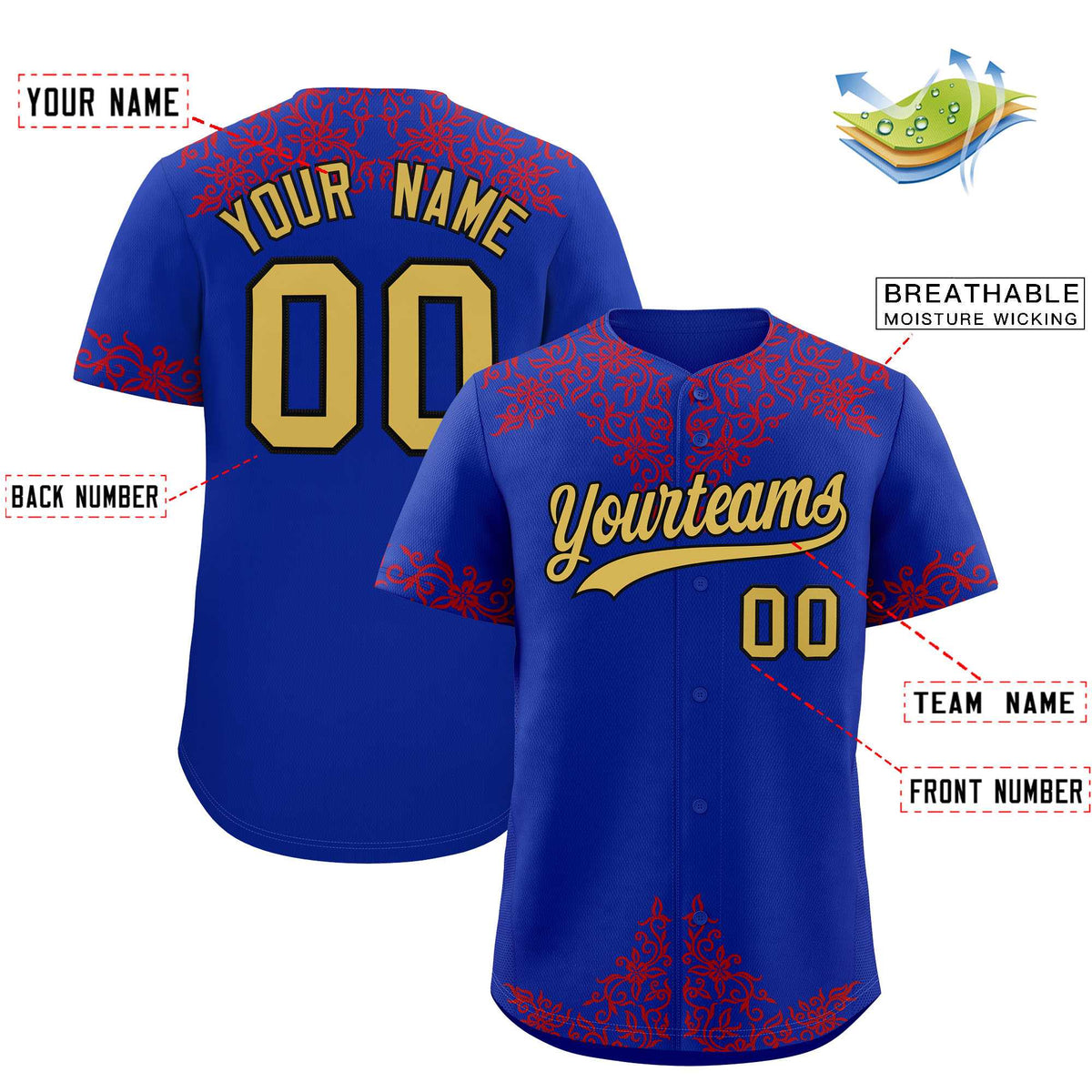 Custom Royal Red Baroque Style Personalized Baseball Jersey