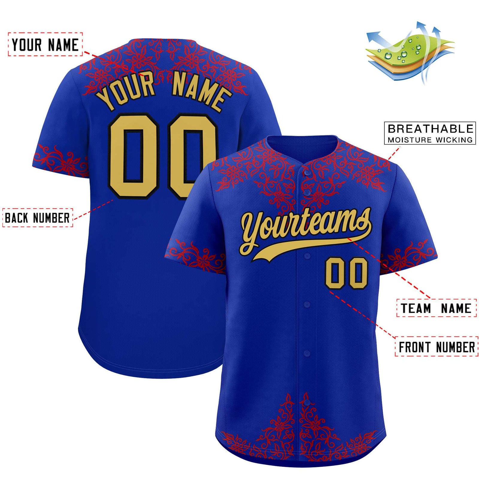 Custom Royal Red Baroque Style Personalized Baseball Jersey