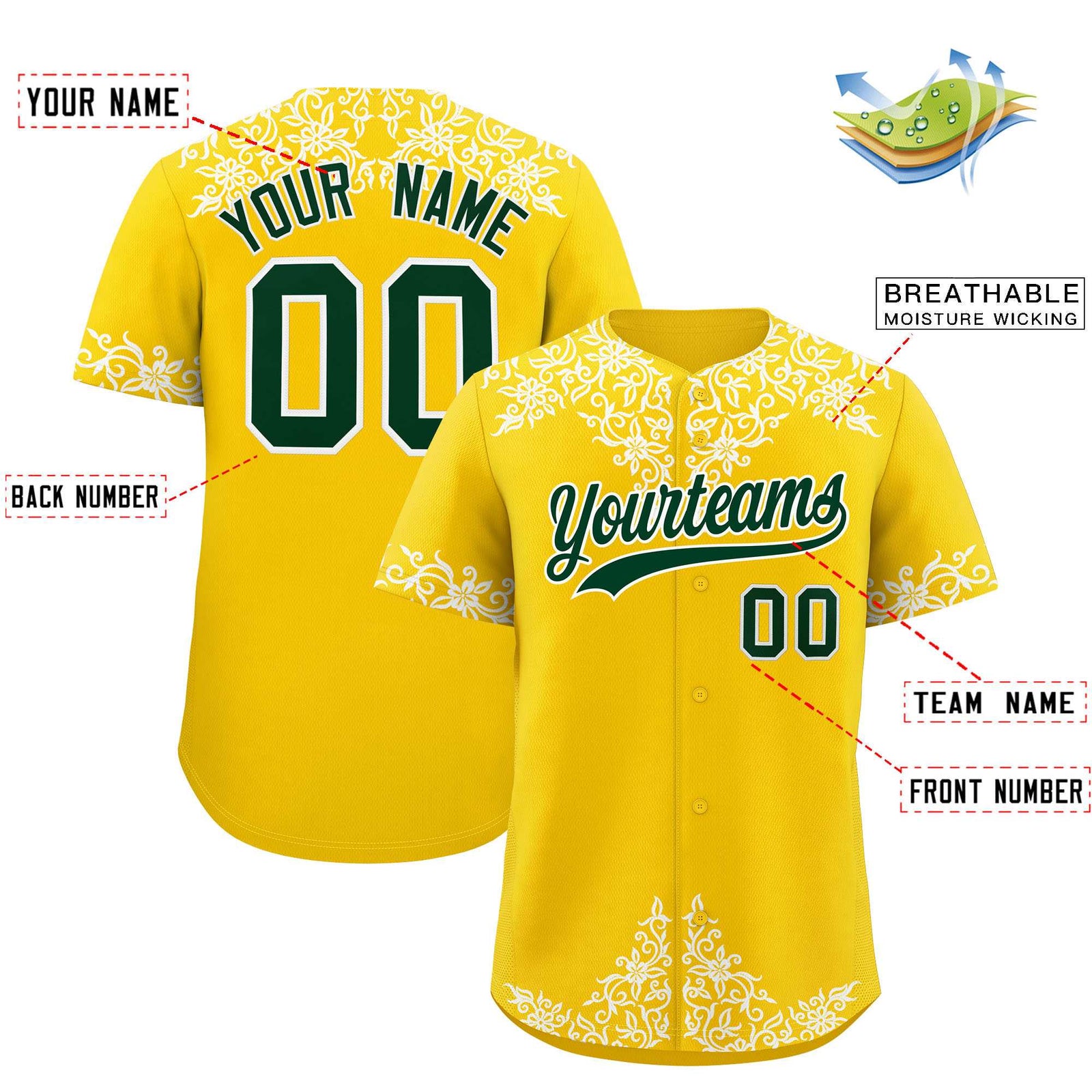 Custom Gold White Baroque Style Personalized Baseball Jersey