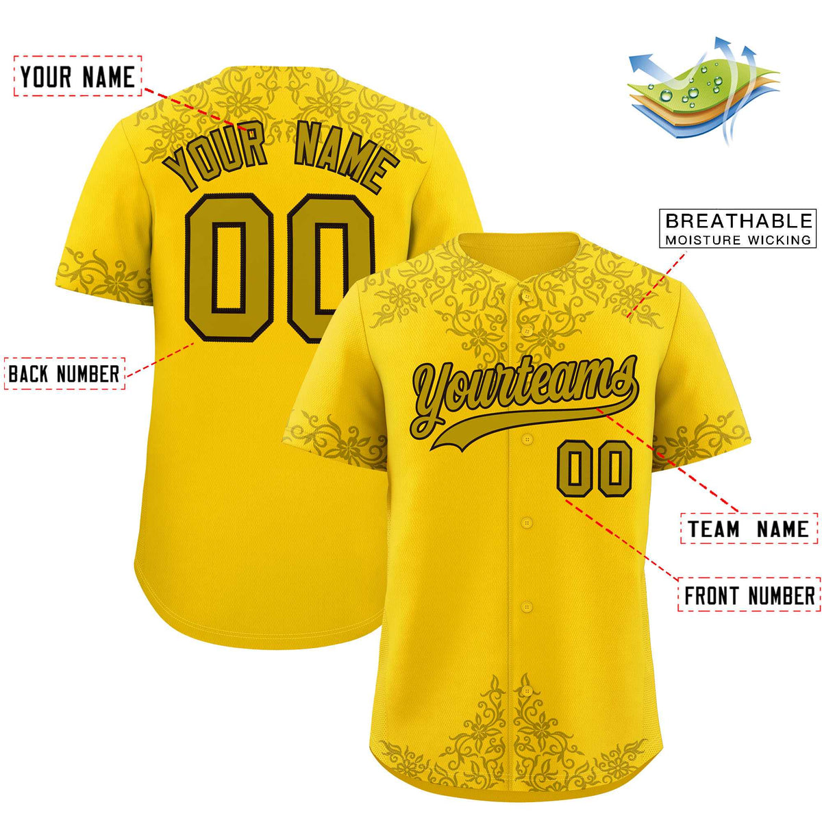 Custom Gold Old Gold Baroque Style Personalized Baseball Jersey