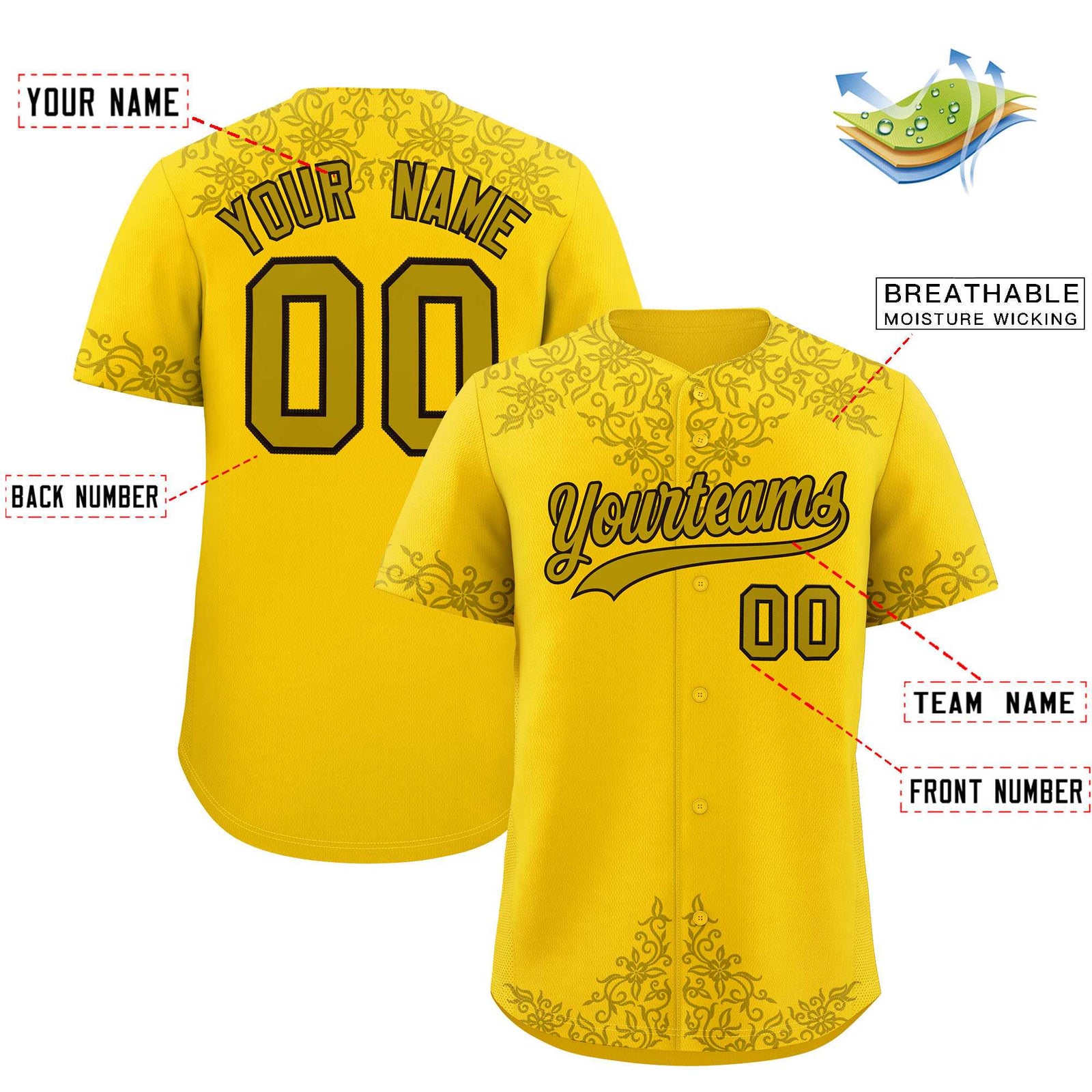 Custom Gold Old Gold Baroque Style Personalized Baseball Jersey