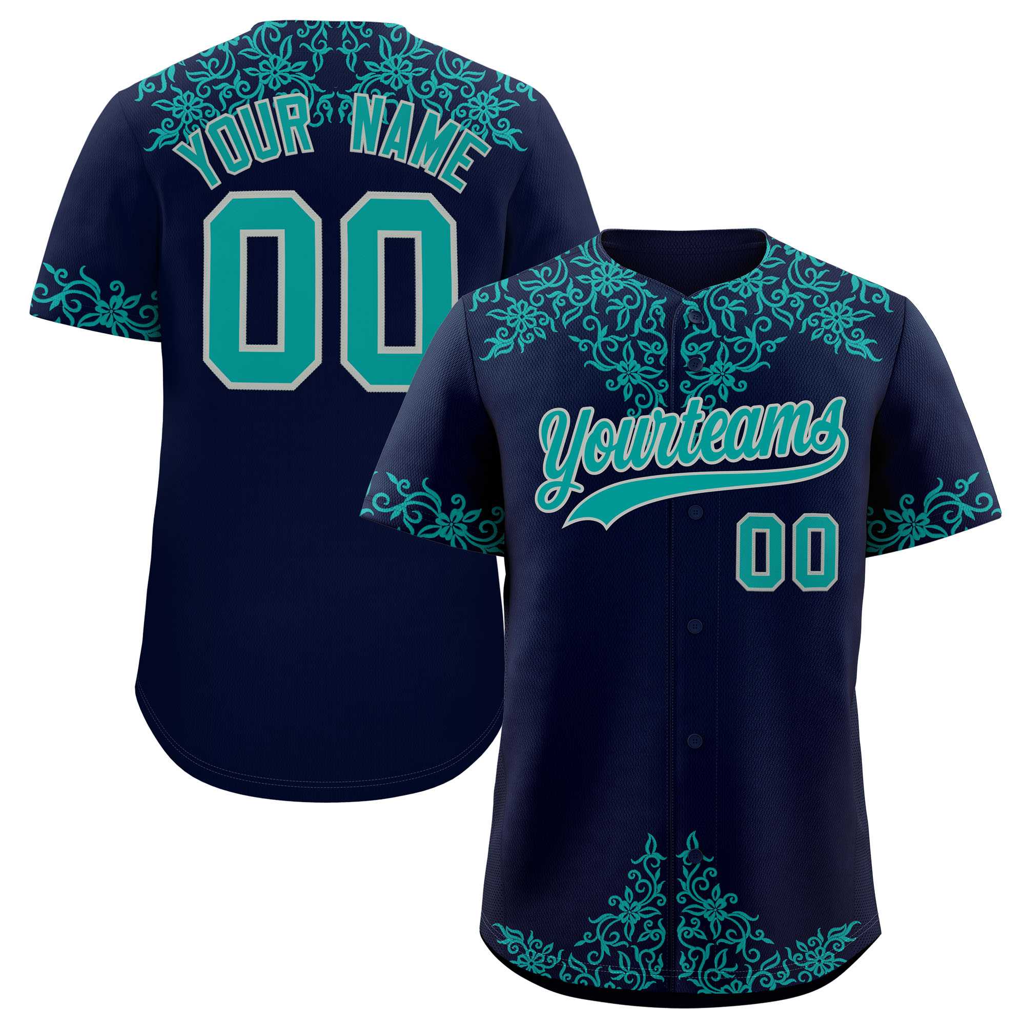Custom Navy Teal Baroque Style Personalized Baseball Jersey