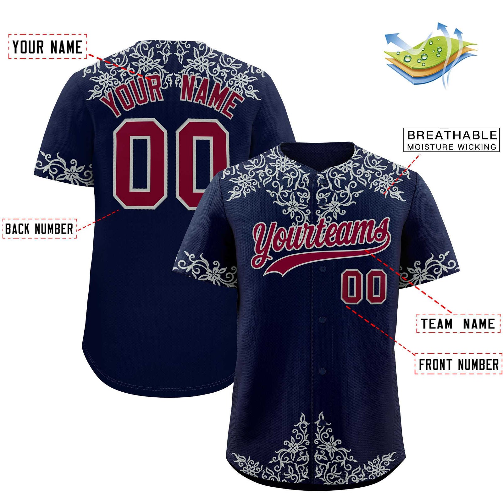 Custom Navy Silver Baroque Style Personalized Baseball Jersey