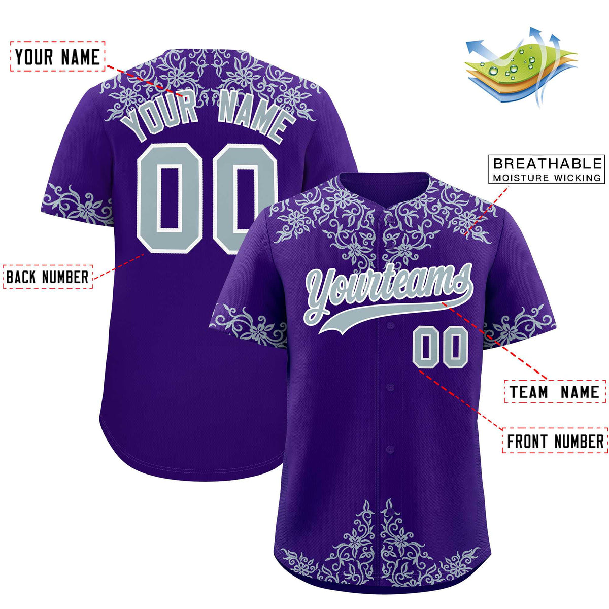 Custom Purple Silver Baroque Style Personalized Baseball Jersey