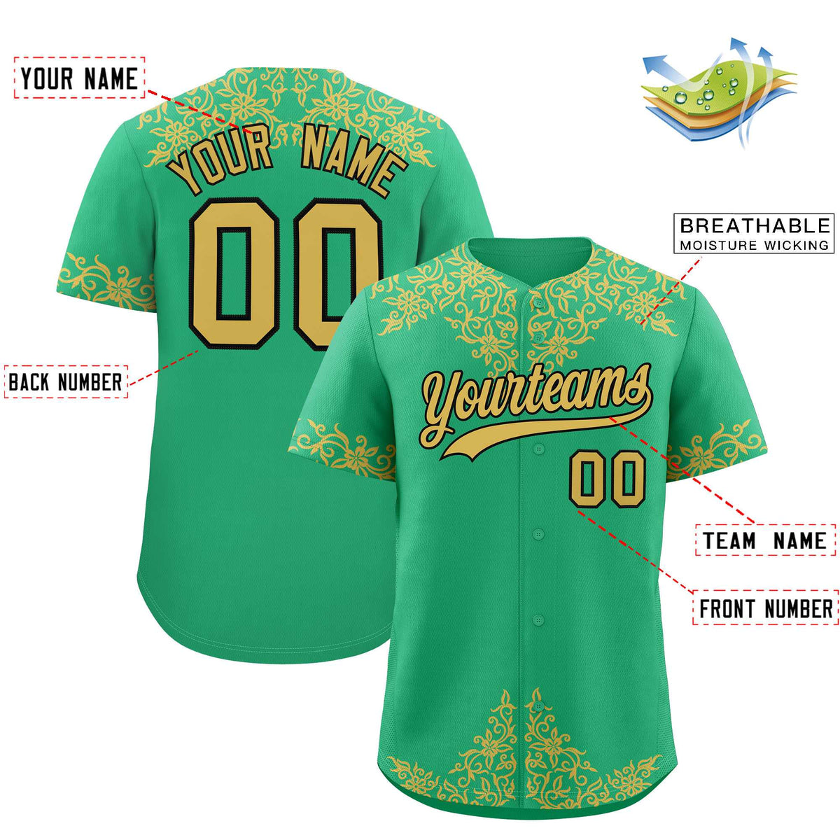 Custom Bright Green Old Gold Baroque Style Personalized Baseball Jersey