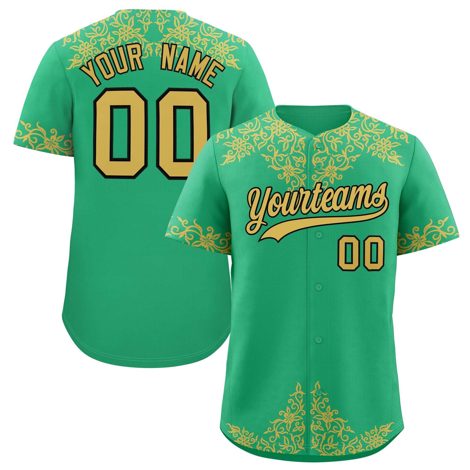 Custom Bright Green Old Gold Baroque Style Personalized Baseball Jersey