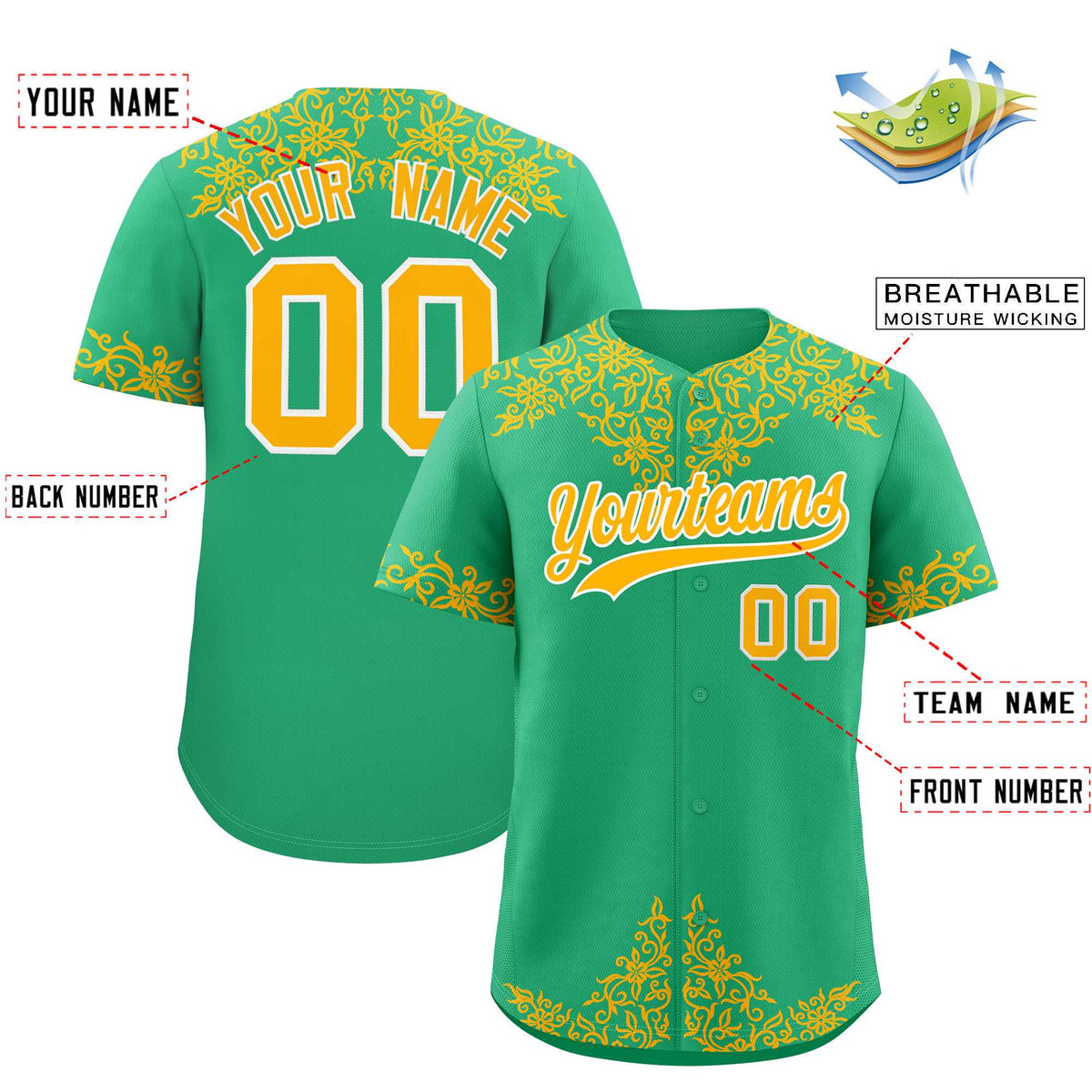 Custom Bright Green Gold Baroque Style Personalized Baseball Jersey