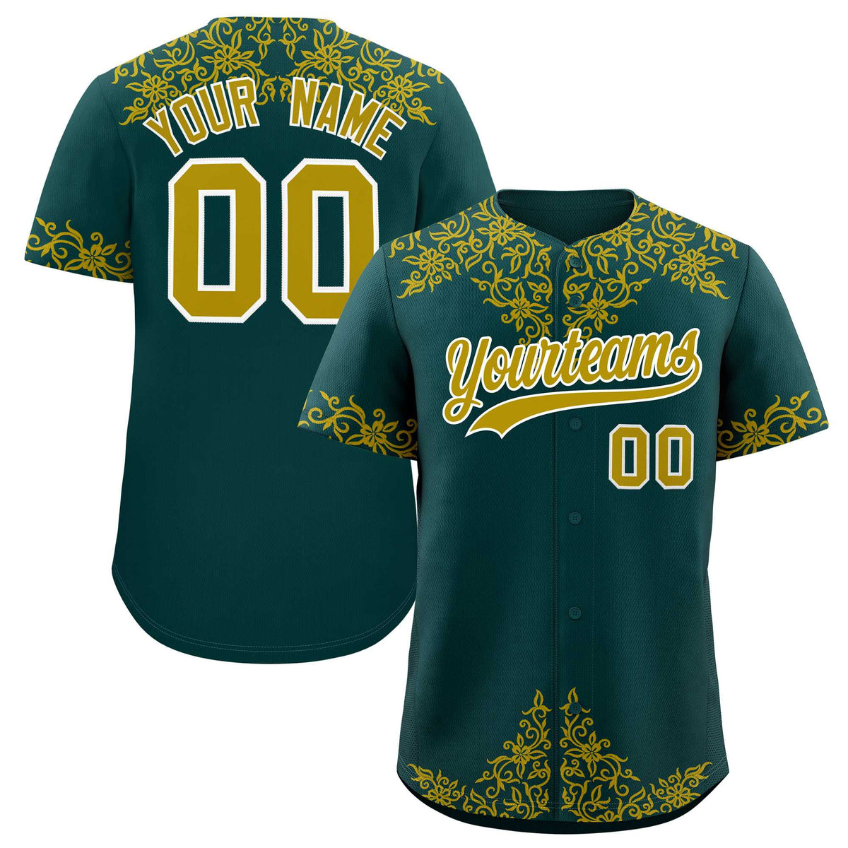 Custom Midnight Green Old Gold Baroque Style Personalized Baseball Jersey