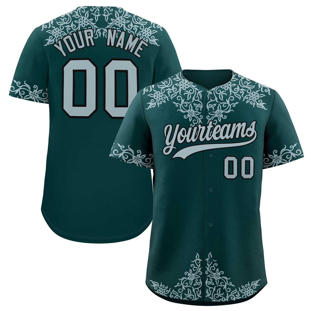 Custom Midnight Green Silver Baroque Style Personalized Baseball Jersey
