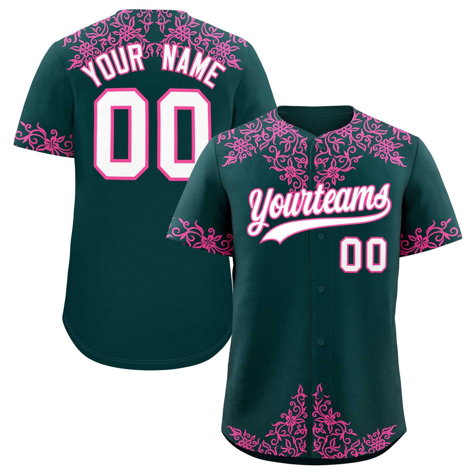 Custom Midnight Green Pink Baroque Style Personalized Baseball Jersey
