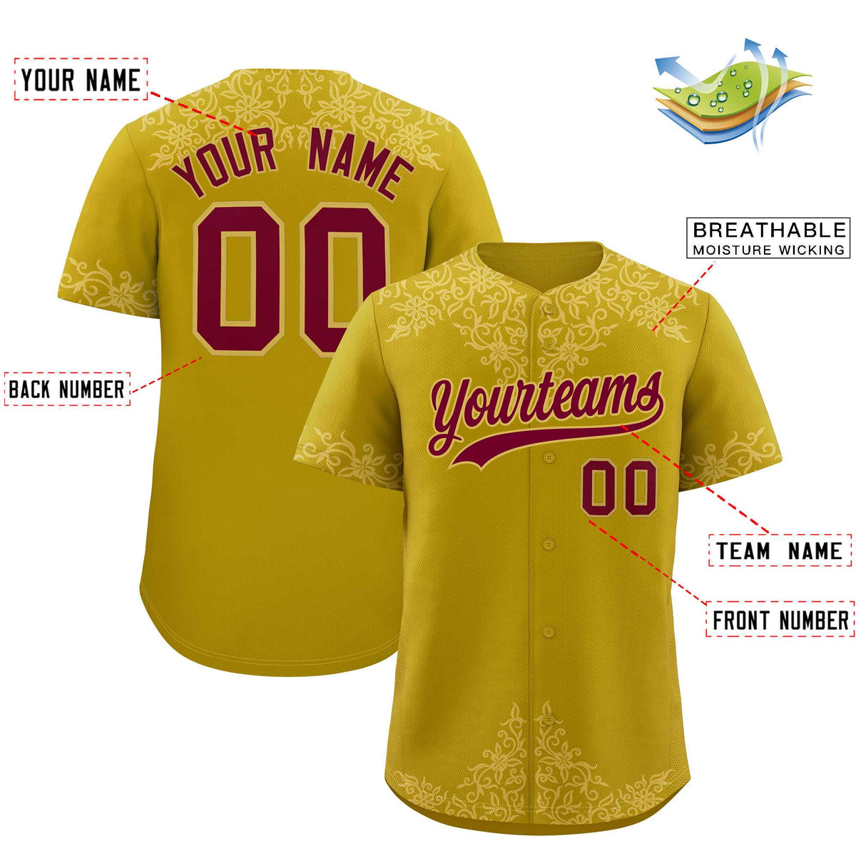 Custom Old Gold Old Gold Baroque Style Personalized Baseball Jersey
