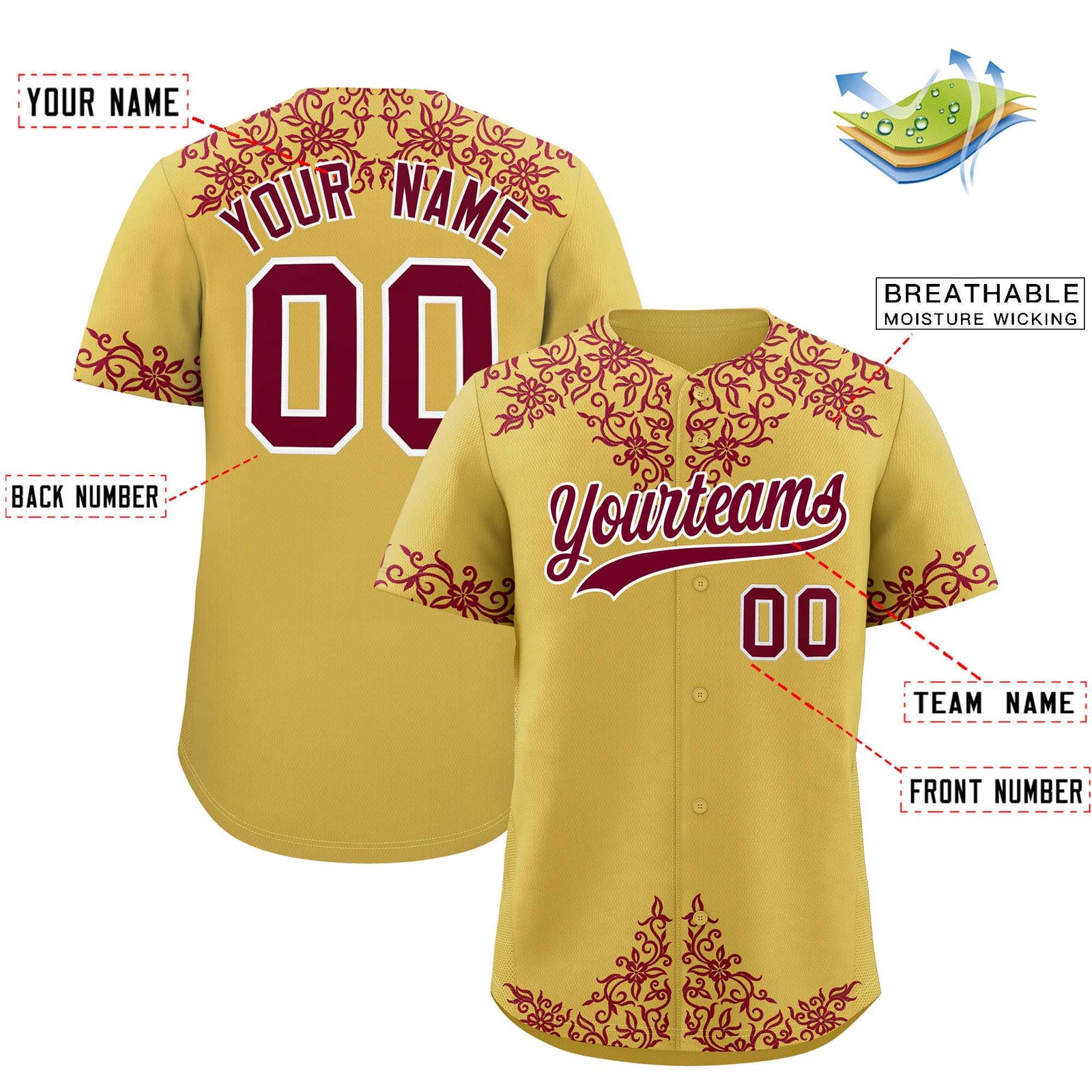Custom Old Gold Crimson Baroque Style Personalized Baseball Jersey