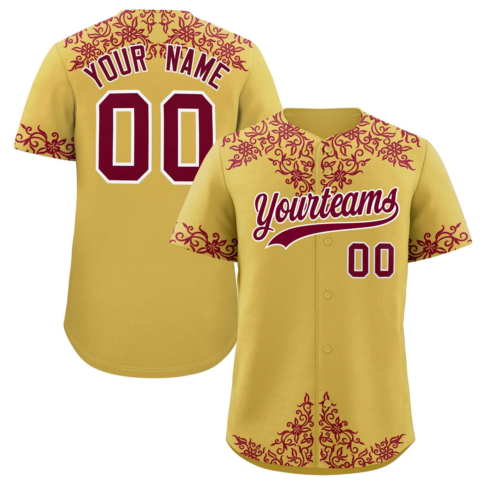 Custom Old Gold Crimson Baroque Style Personalized Baseball Jersey