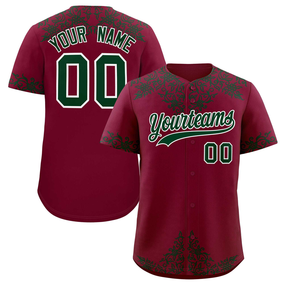 Custom Crimson Green Baroque Style Personalized Baseball Jersey
