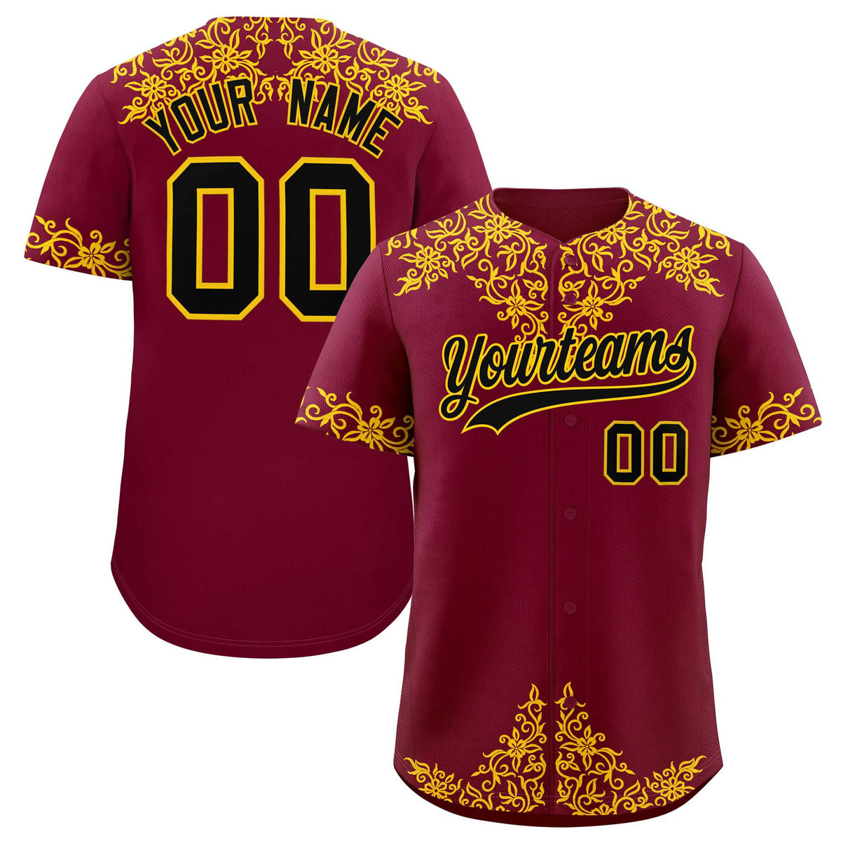 Custom Crimson Yellow Baroque Style Personalized Baseball Jersey