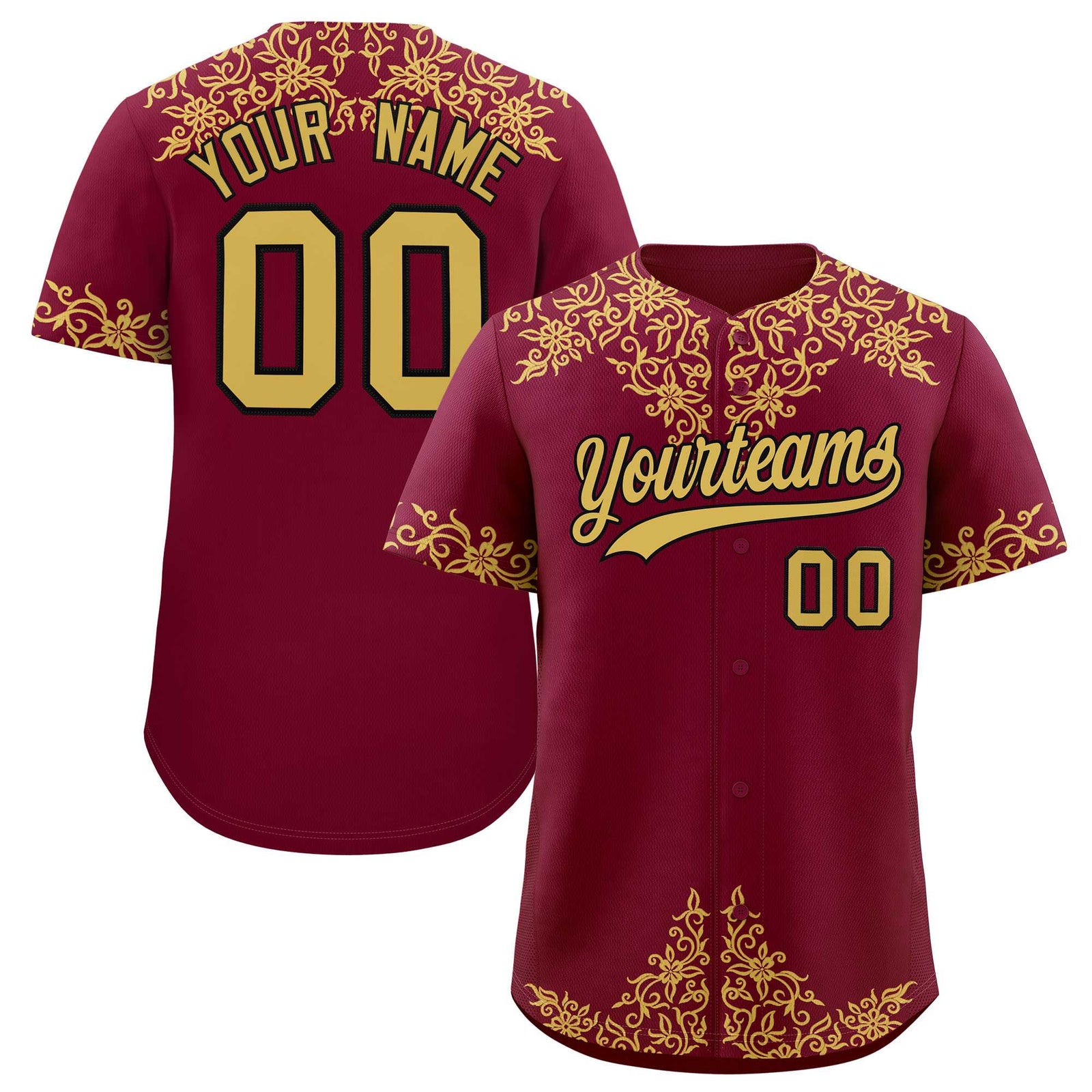 Custom Crimson Old Gold Baroque Style Personalized Baseball Jersey