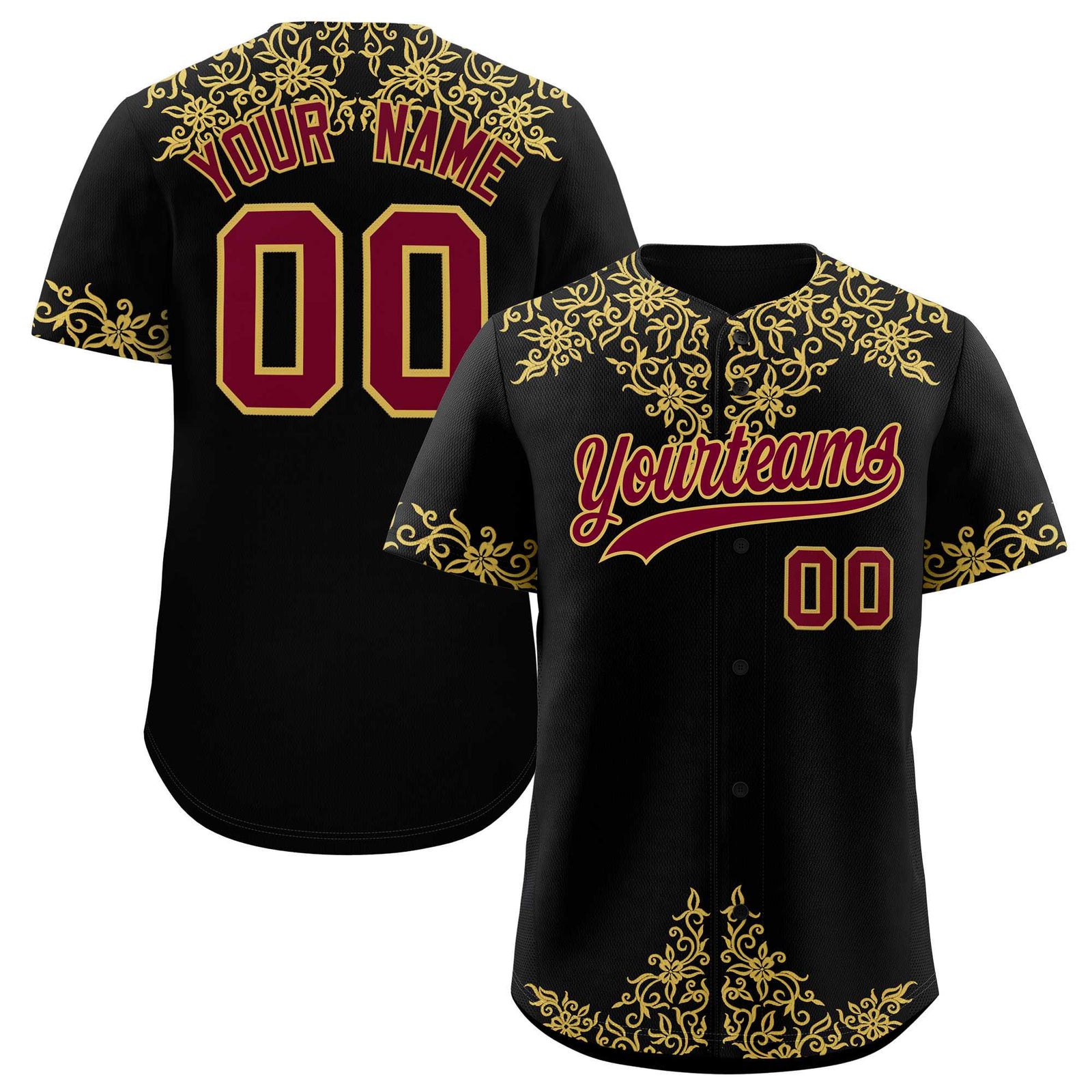 Custom Black Old Gold Baroque Style Personalized Baseball Jersey