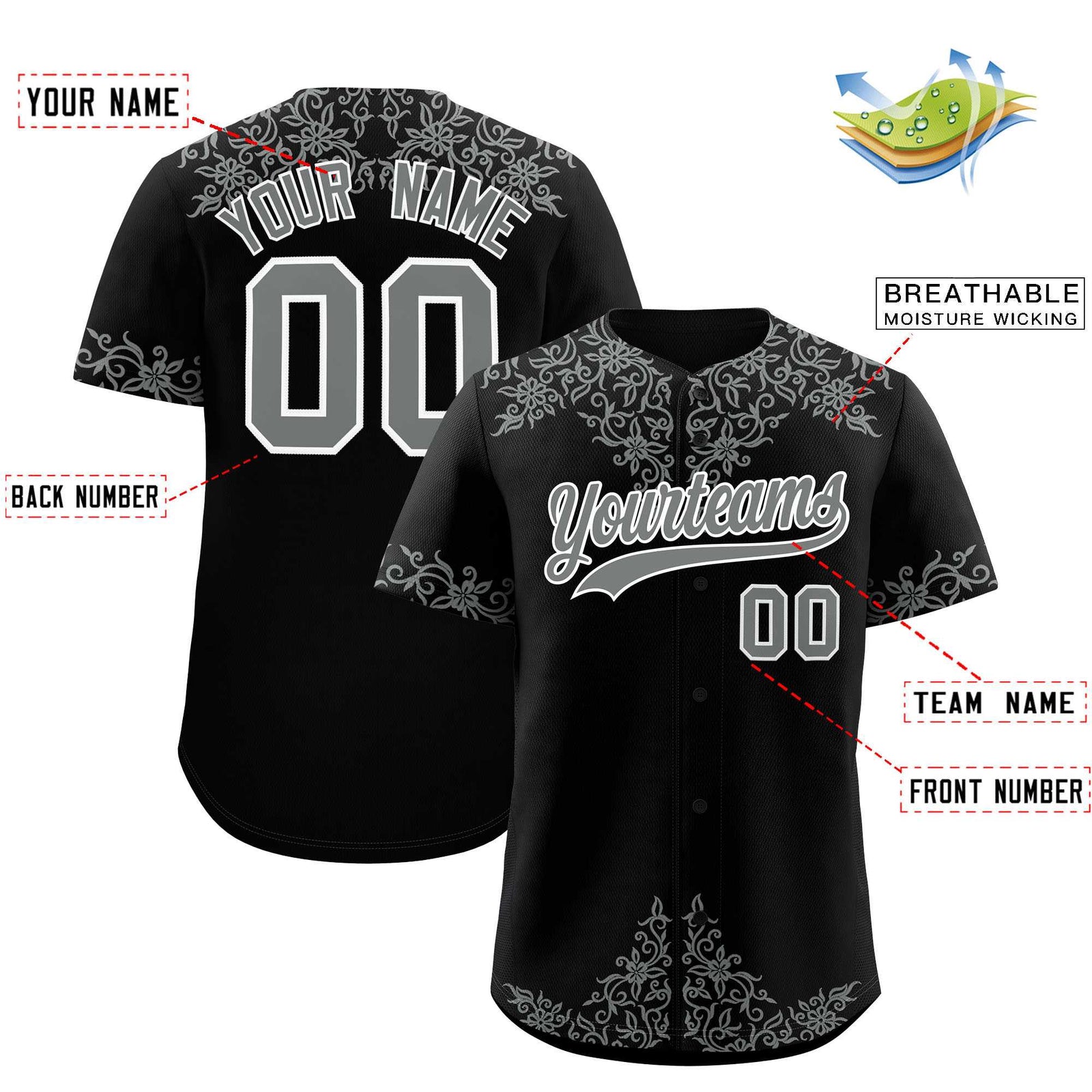 Custom Black Gray Baroque Style Personalized Baseball Jersey
