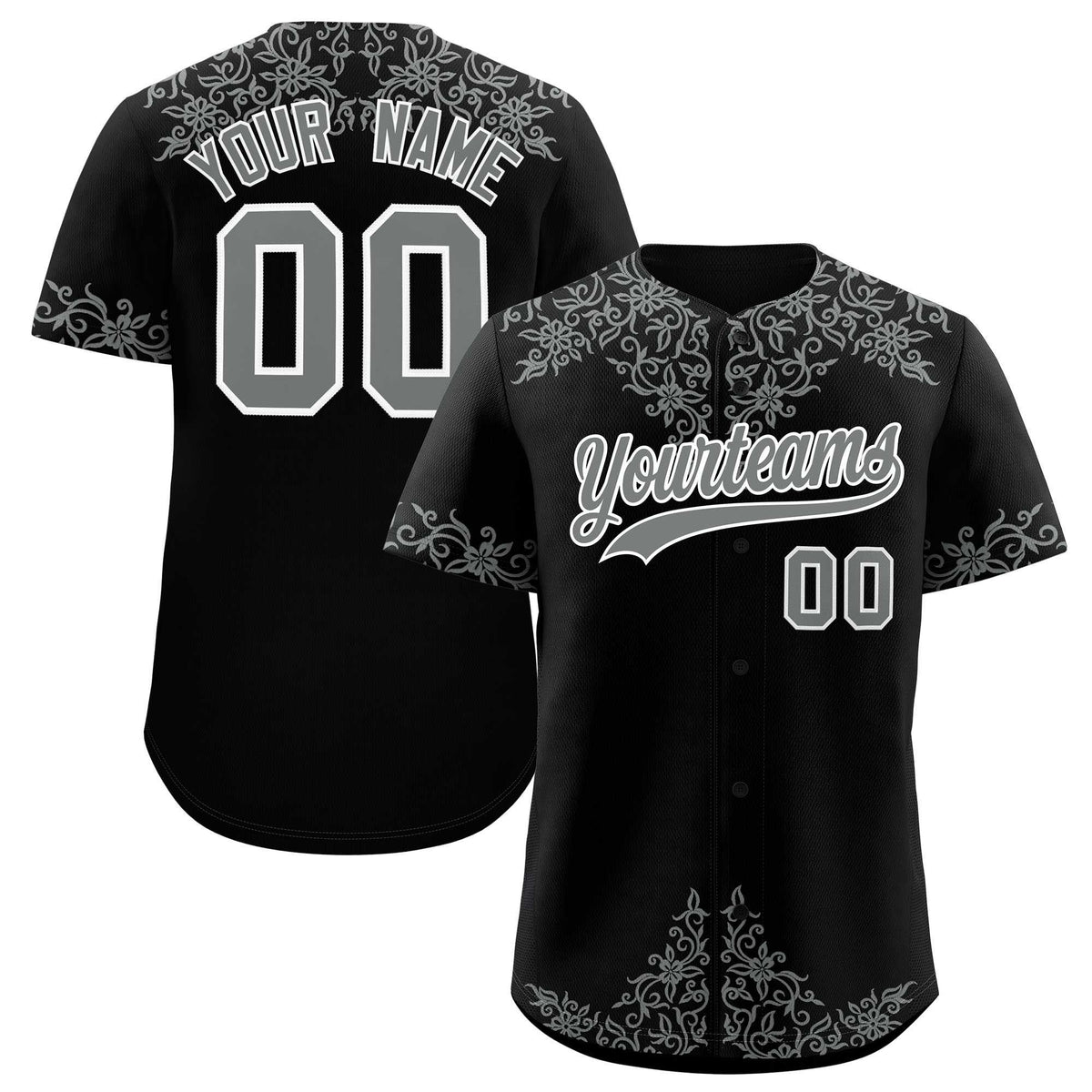Custom Black Gray Baroque Style Personalized Baseball Jersey