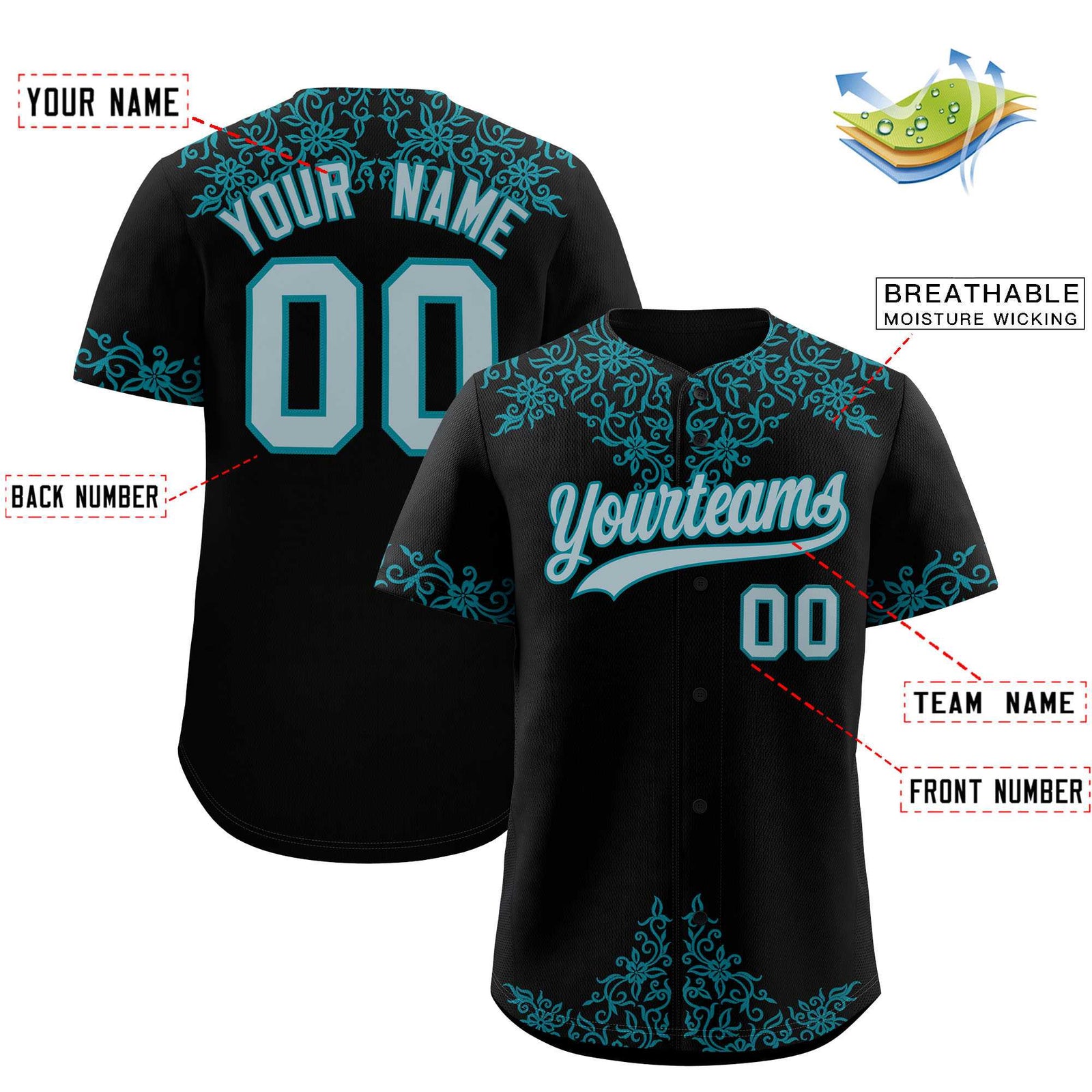 Custom Black Teal Baroque Style Personalized Baseball Jersey