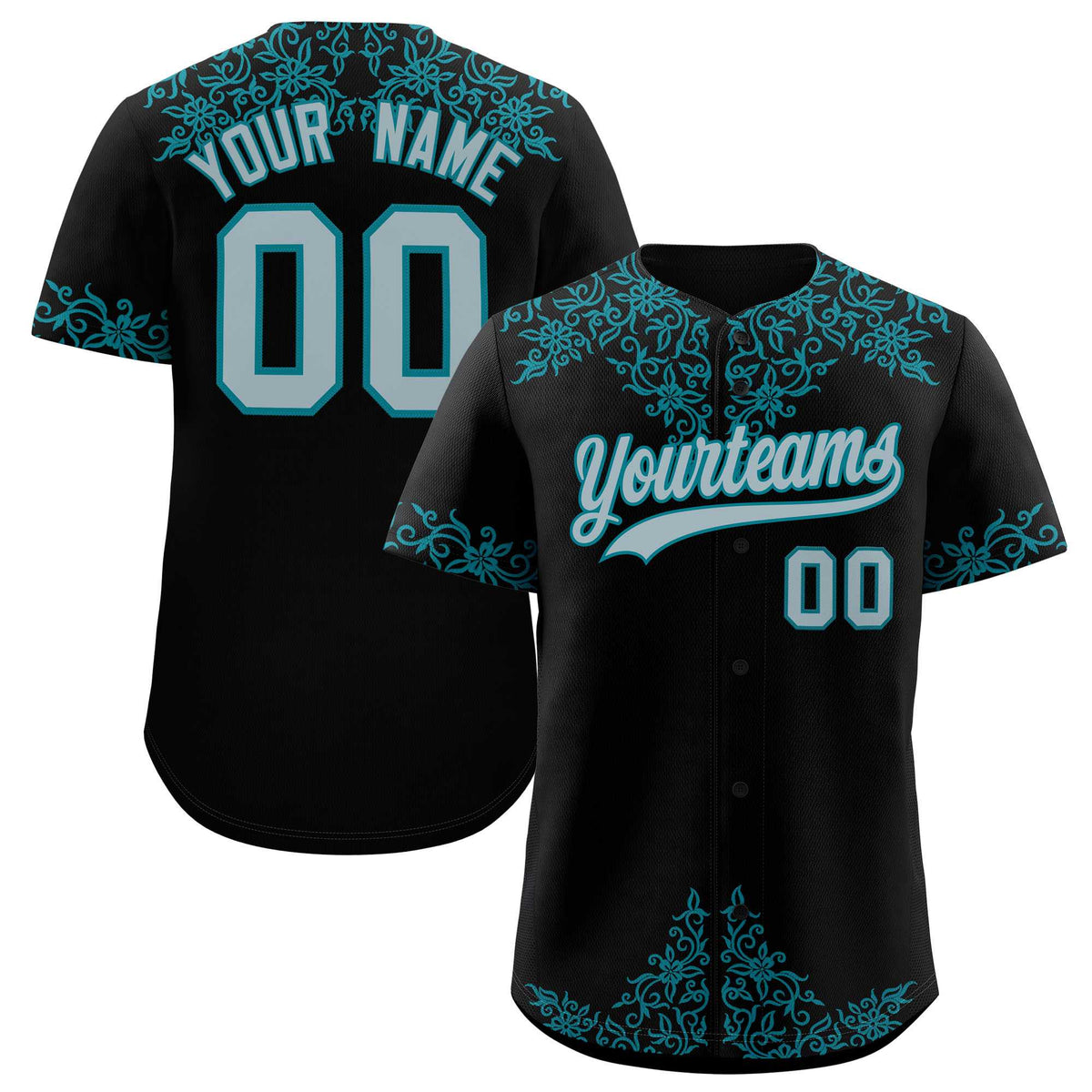 Custom Black Teal Baroque Style Personalized Baseball Jersey