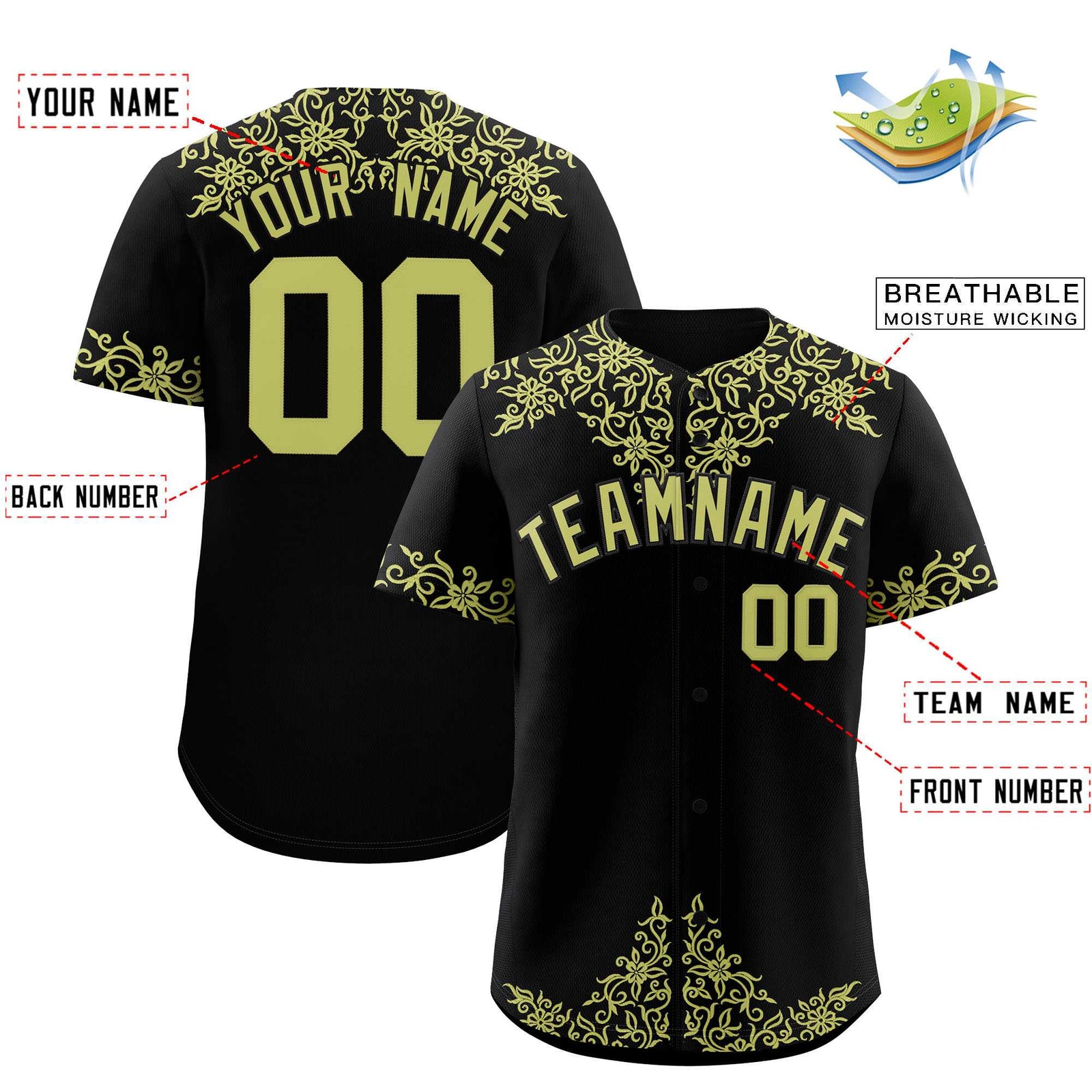 Custom Black Champagne Baroque Style Personalized Baseball Jersey