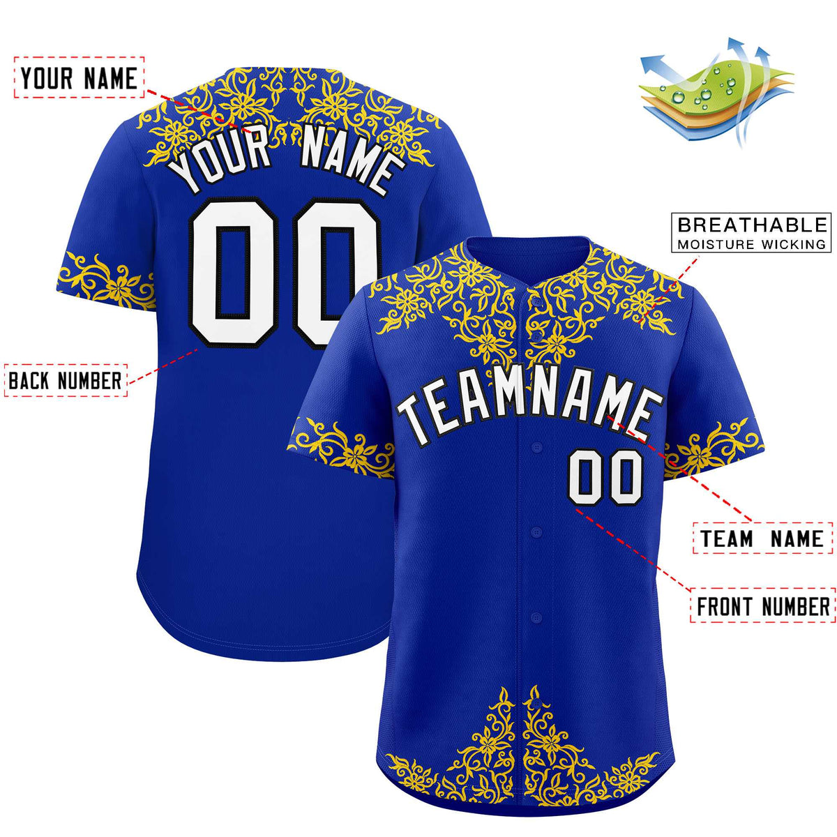 Custom Royal Gold Baroque Style Personalized Baseball Jersey