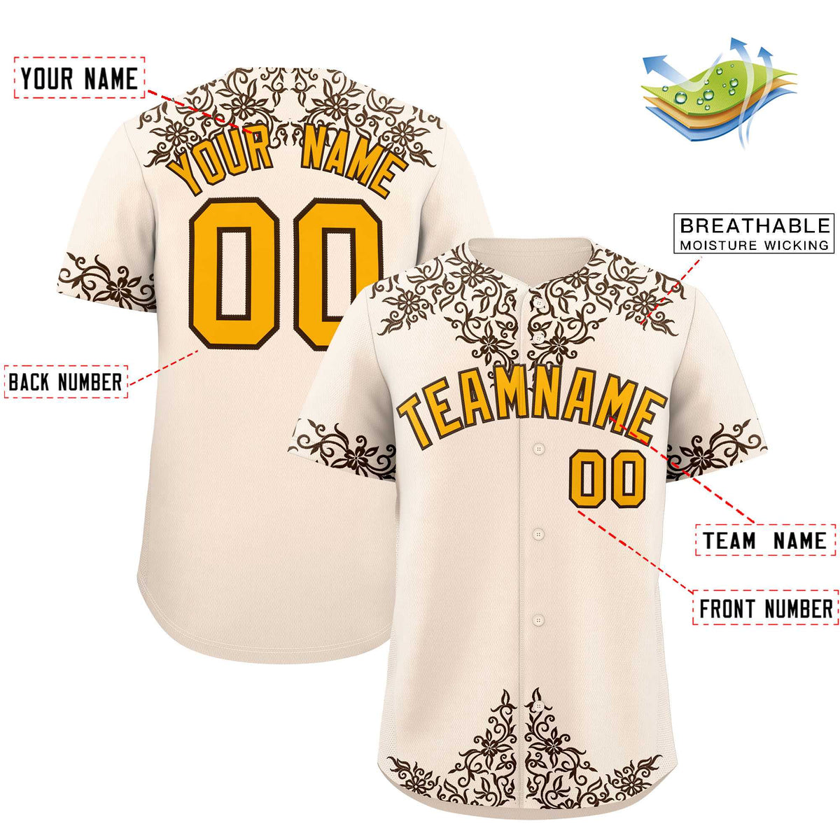 Custom Cream Brown Baroque Style Personalized Baseball Jersey