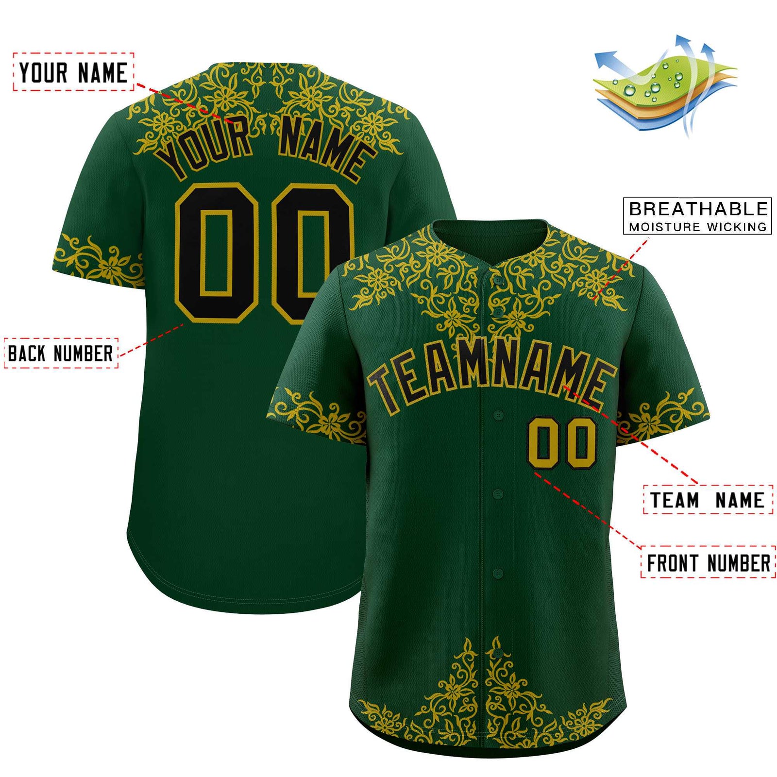 Custom Green Old Gold Baroque Style Personalized Baseball Jersey