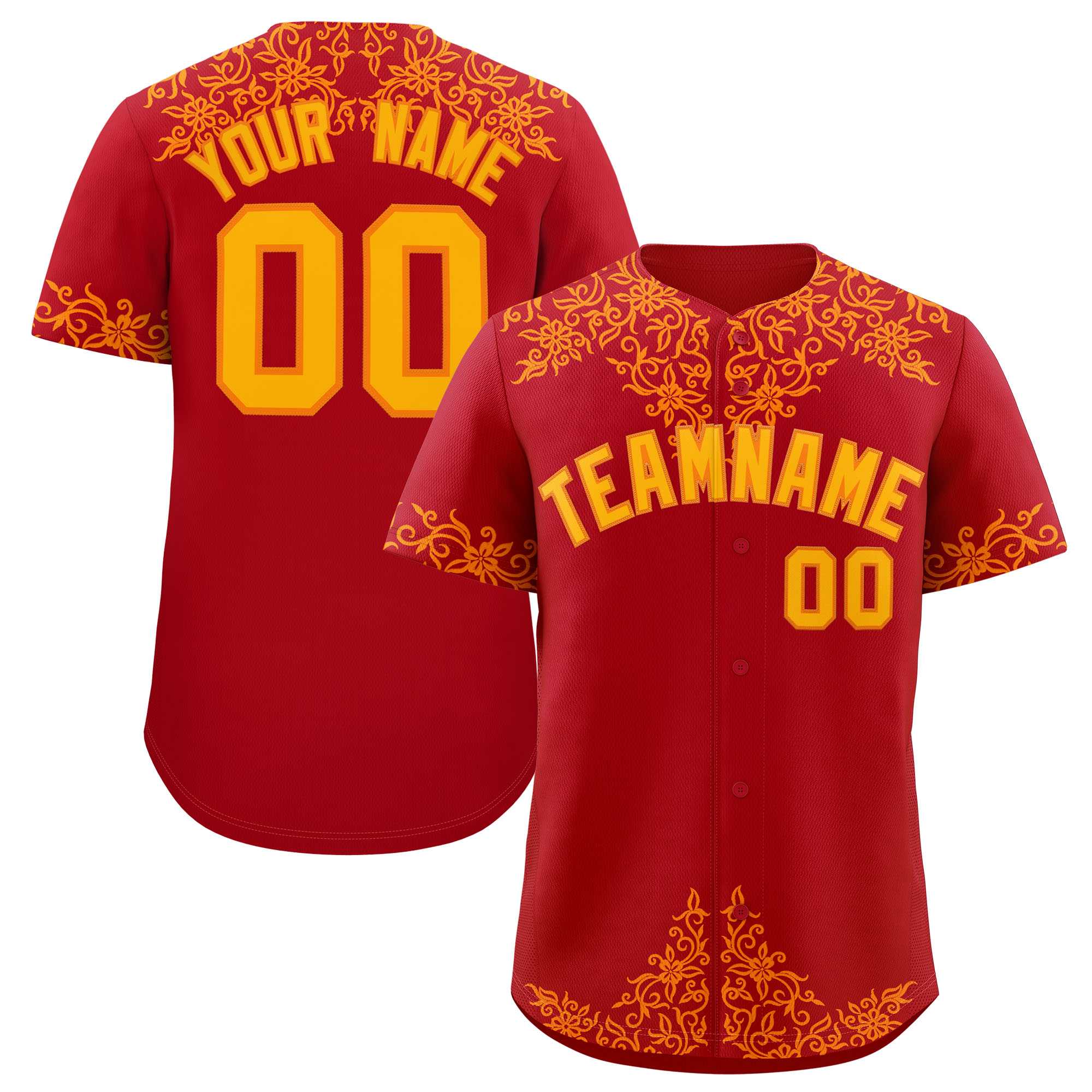 Custom Red Yellow Baroque Style Personalized Baseball Jersey